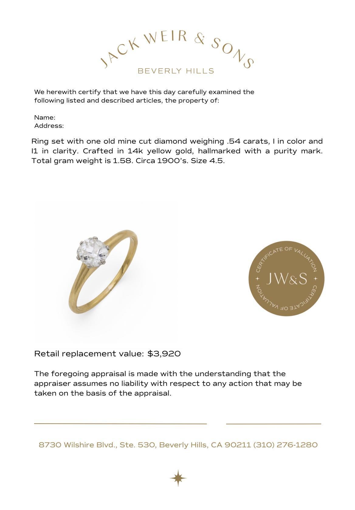 Bague de fiançailles victorienne en or jaune 14k avec un diamant taille ancienne de 0,54 carat 2
