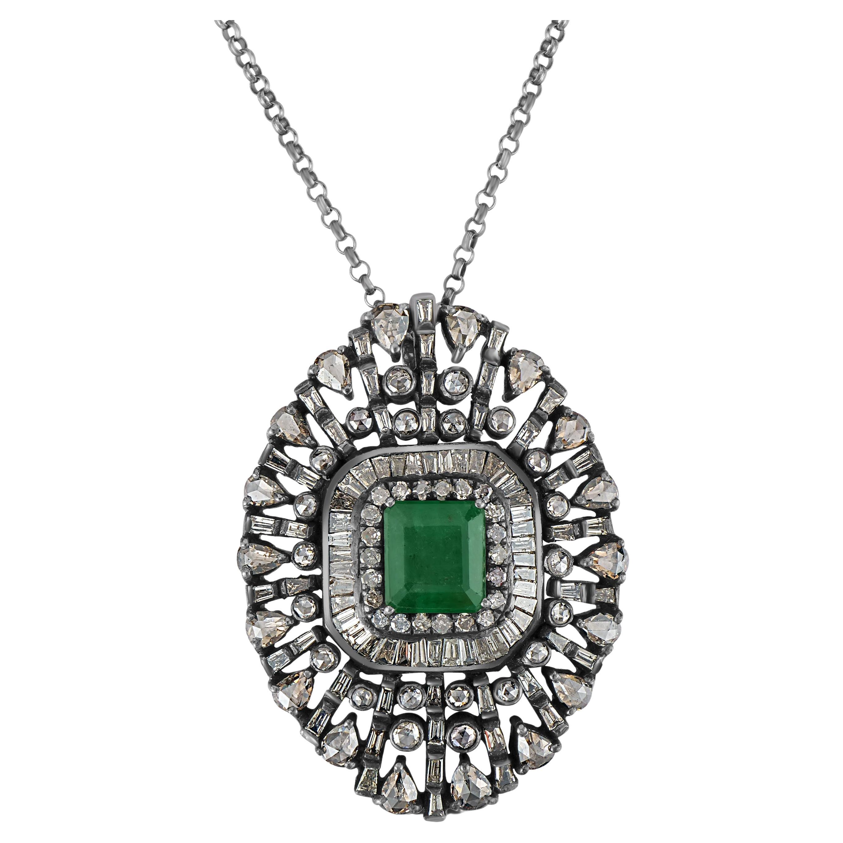 Victorian 5.4 Cttw. Emerald, and Diamond Pendant Necklace in Gold and Silver