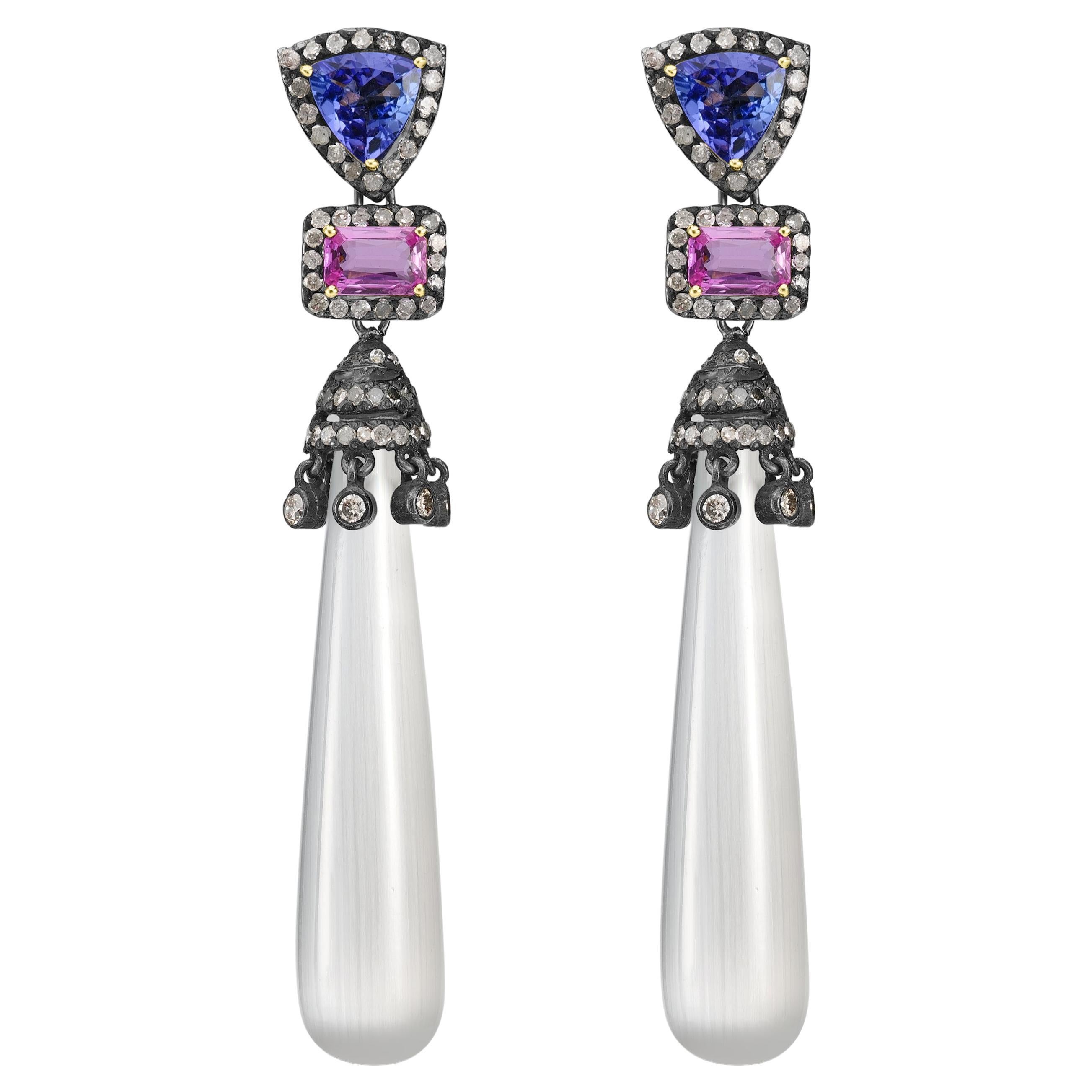 Victorian 54 Cttw. Tanzanite, Sapphire, Hydro and Diamond Dangle Earrings