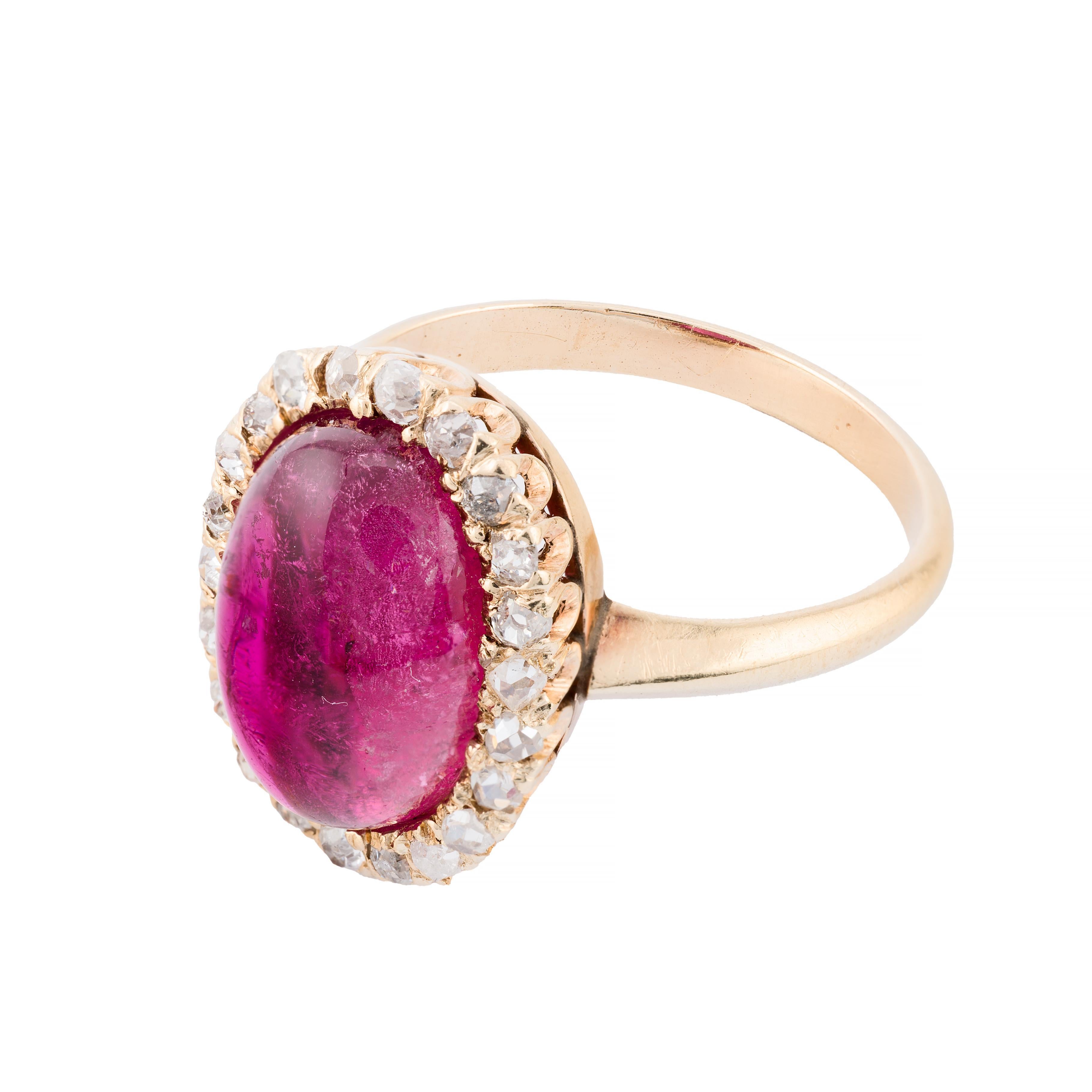 Cabochon Victorian 5.40ct Tourmaline & Old Mine Cut Diamond Halo Ring in 14 Karat Gold