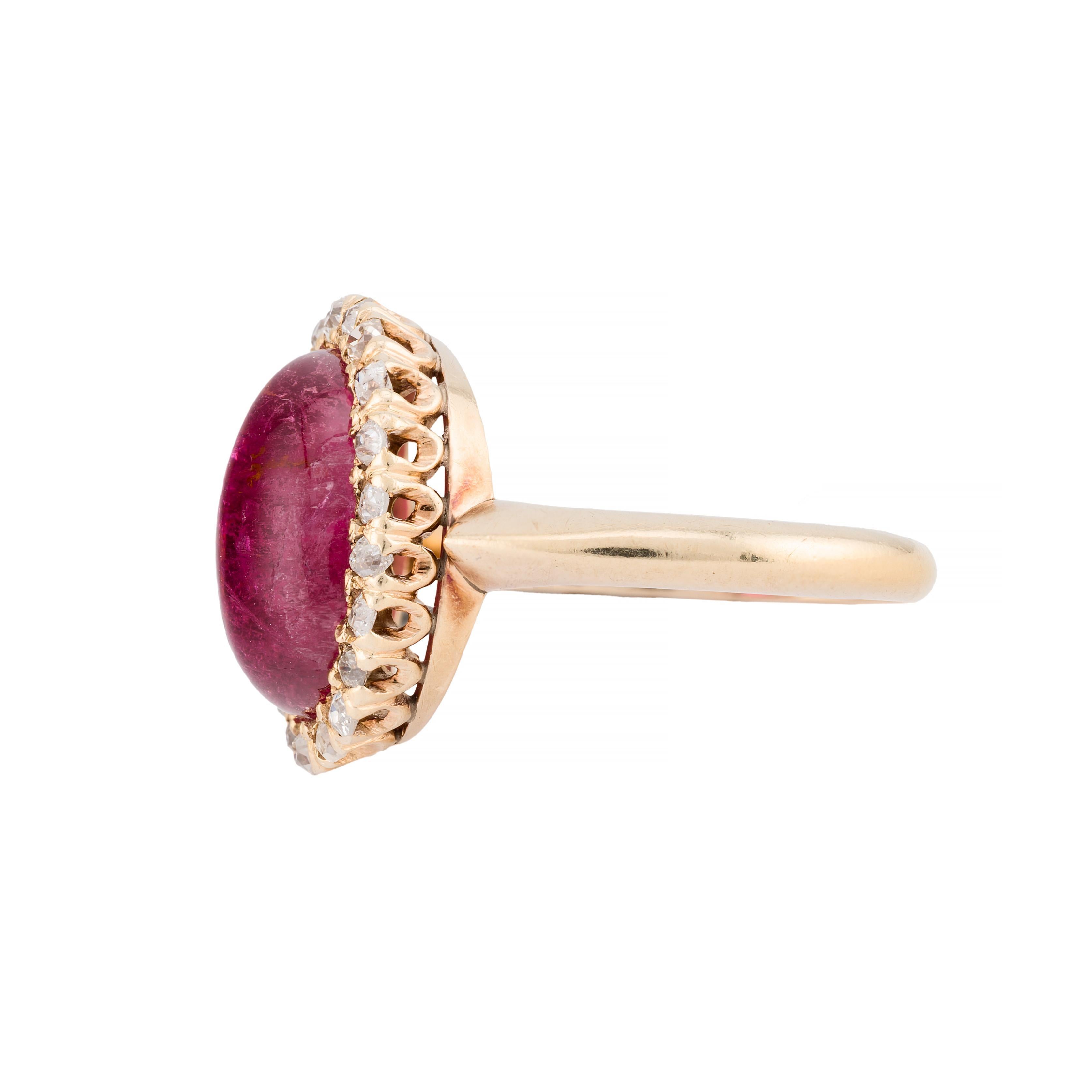 Victorian 5.40ct Tourmaline & Old Mine Cut Diamond Halo Ring in 14 Karat Gold In Excellent Condition In Boston, MA