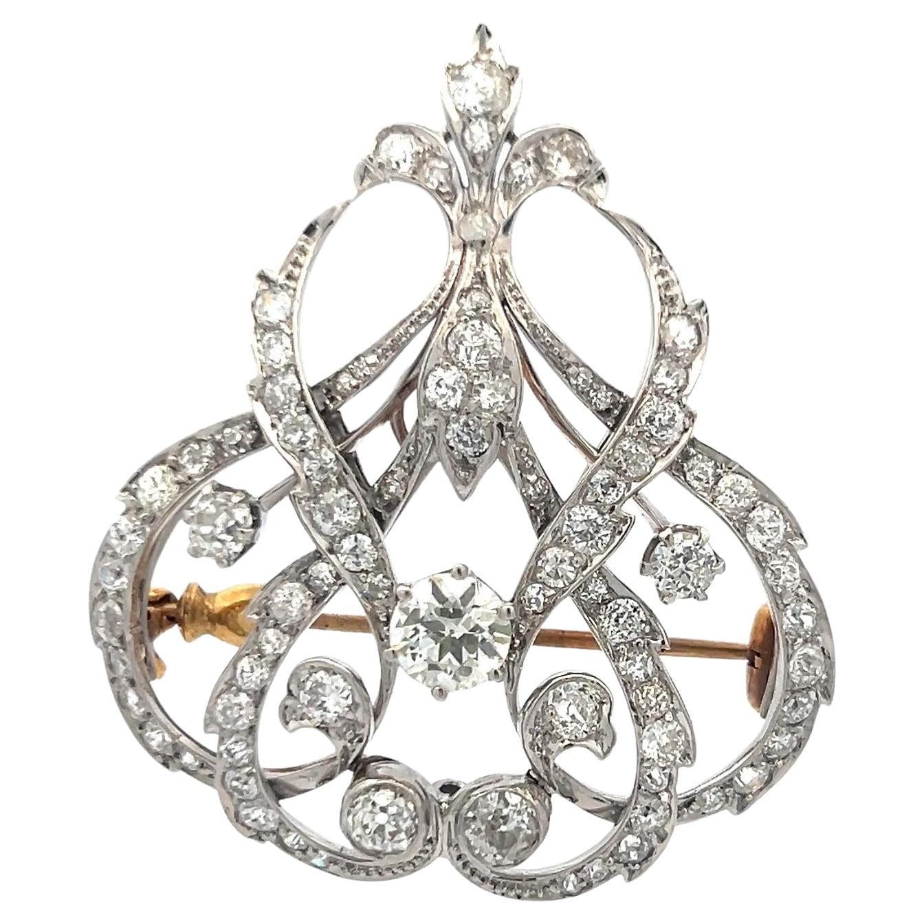 Viktorianische Brosche mit 5,43 Karat Diamanten im alten europäischen Schliff in Platin und 18K Gold
