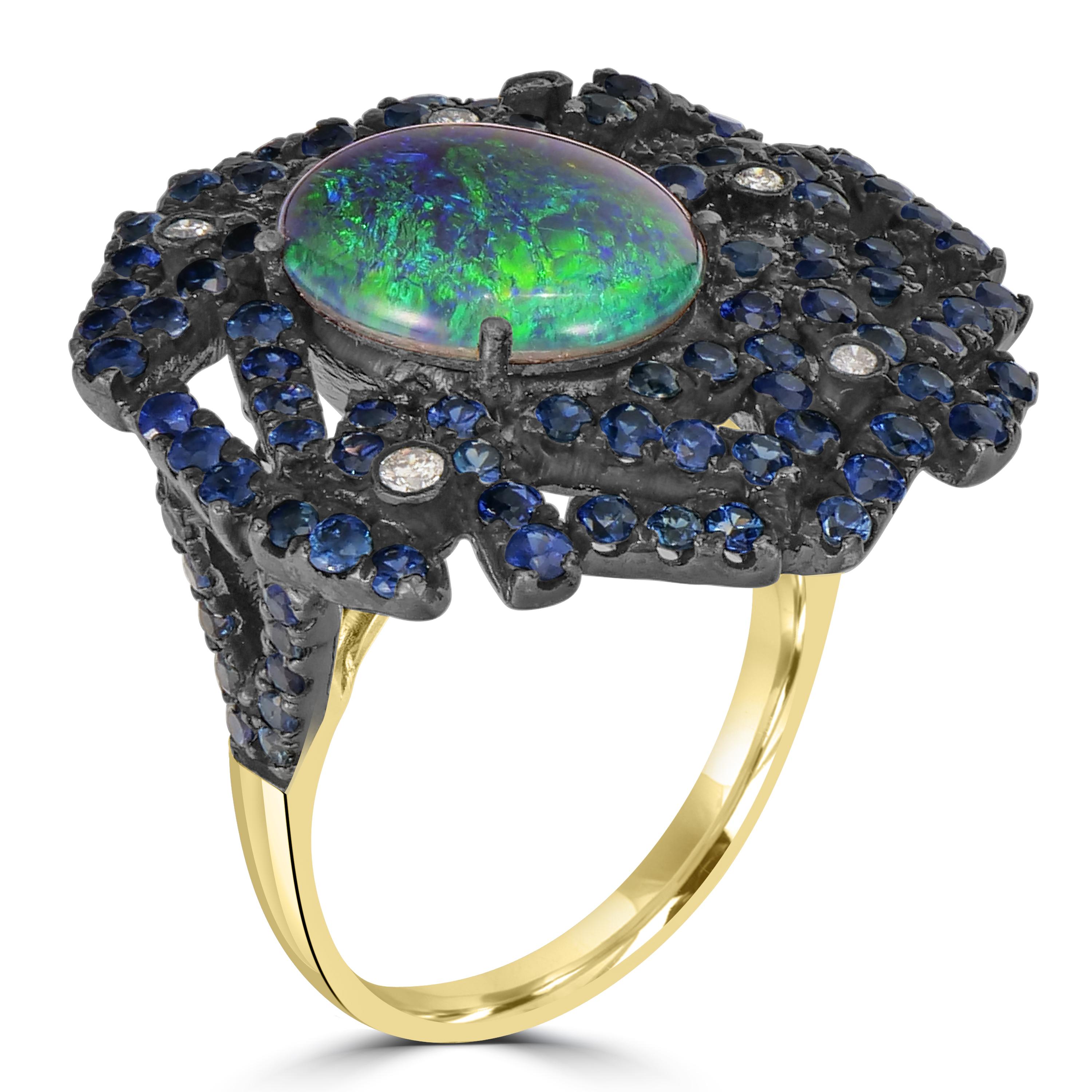 Introducing the Victorian 5.5 Cttw. Opal, Blue Sapphire, and Diamond Cluster Split Shank Ring—a harmonious symphony of colors and design, poised to grace your hand with timeless elegance.

At the heart of this captivating ring sits an oval sky blue