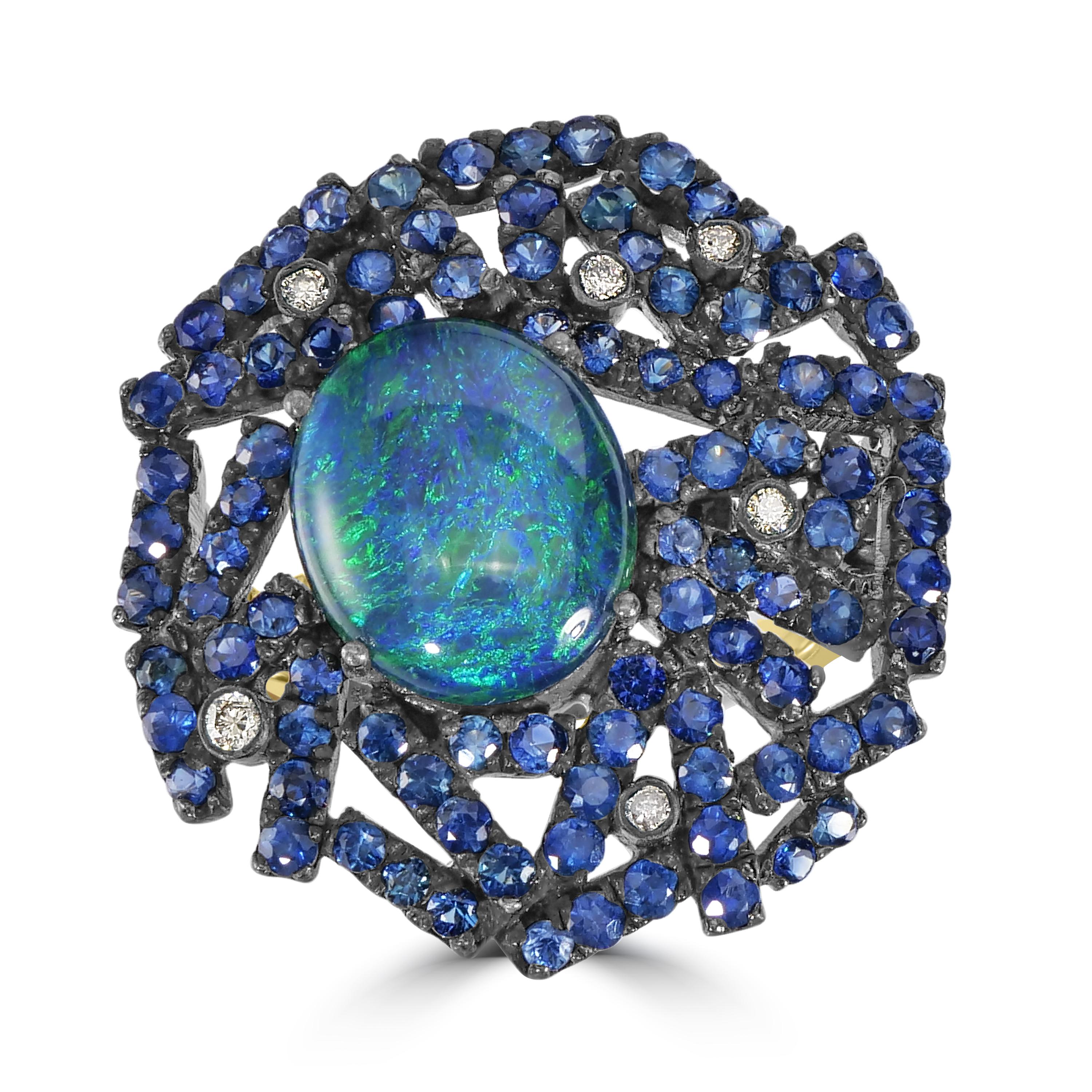Victorian 5.5 Cttw. Opal, Blue Sapphire and Diamond Cluster Split Shank Ring In New Condition For Sale In New York, NY
