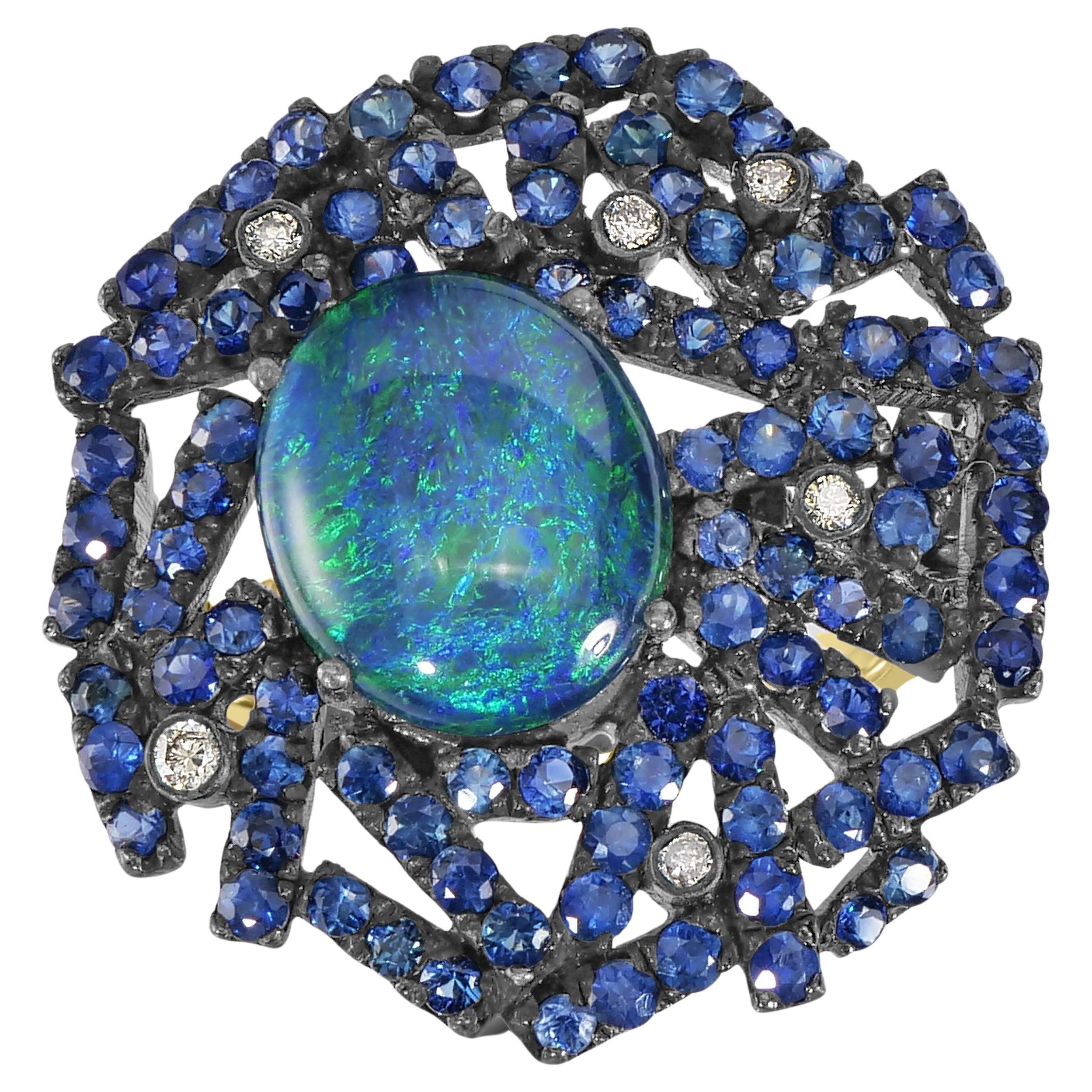 Victorian 5.5 Cttw. Opal, Blue Sapphire and Diamond Cluster Split Shank Ring For Sale