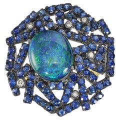 Victorian 5.5 Cttw. Opal, Blue Sapphire and Diamond Cluster Split Shank Ring