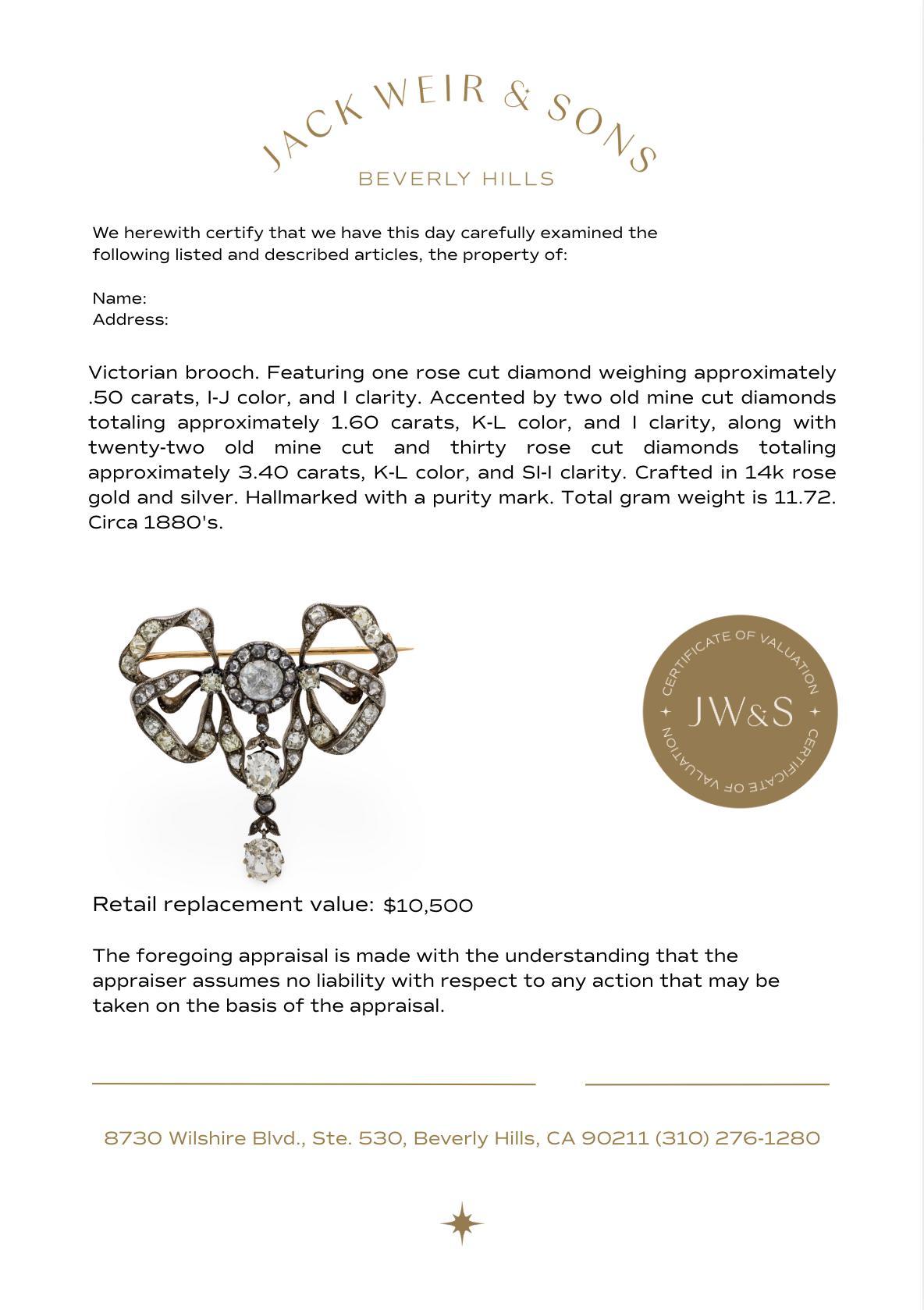 Broche victorienne en or rose 14k et argent, ornée d'un diamant de 5,50 carats. en vente 2