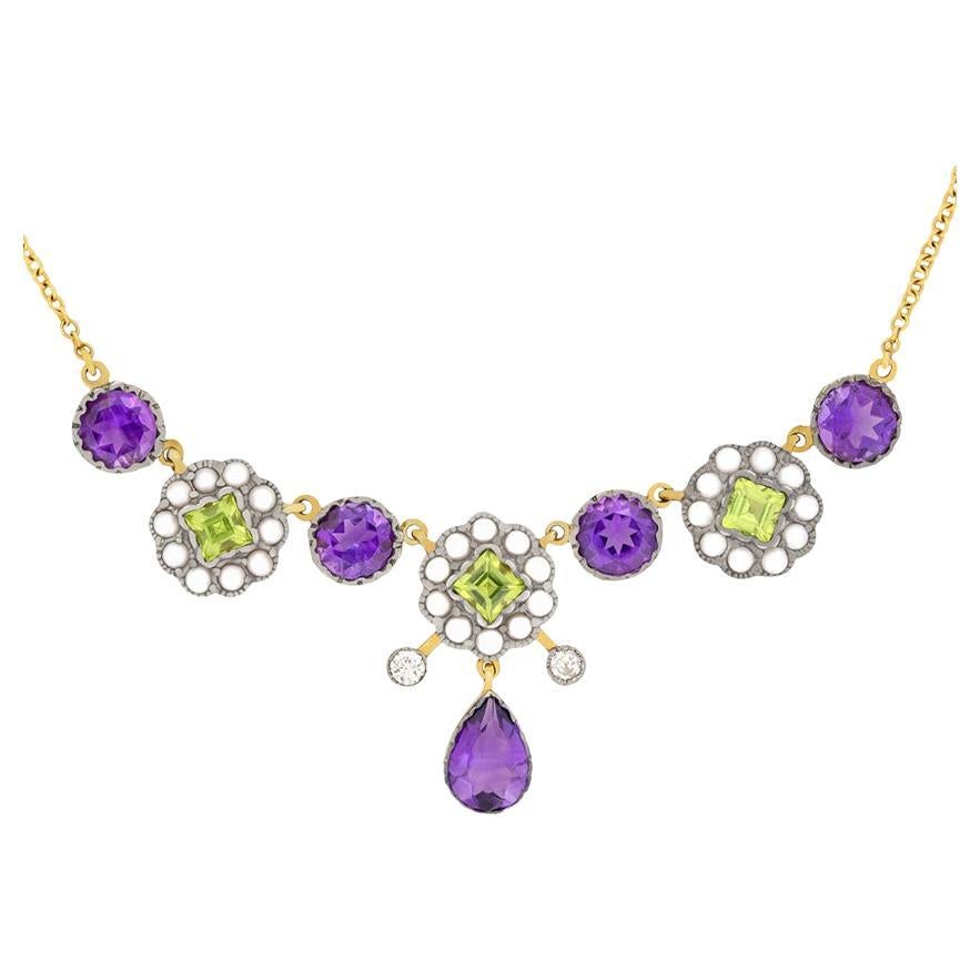 Viktorianische Halskette aus 5,50 Karat Amethyst, Peridot und Perle, um 1880