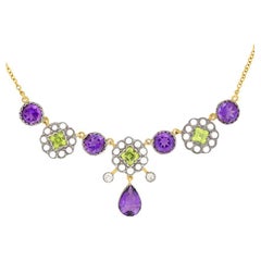 Antique Victorian 5.50ct Amethyst Peridot and Pearl Necklace, c.1880s