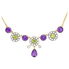 Collana vittoriana di perle e peridoto con ametista da 5,50 carati, 1880 ca.