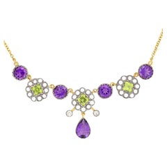 Viktorianische Halskette aus 5,50 Karat Amethyst, Peridot und Perle, um 1880