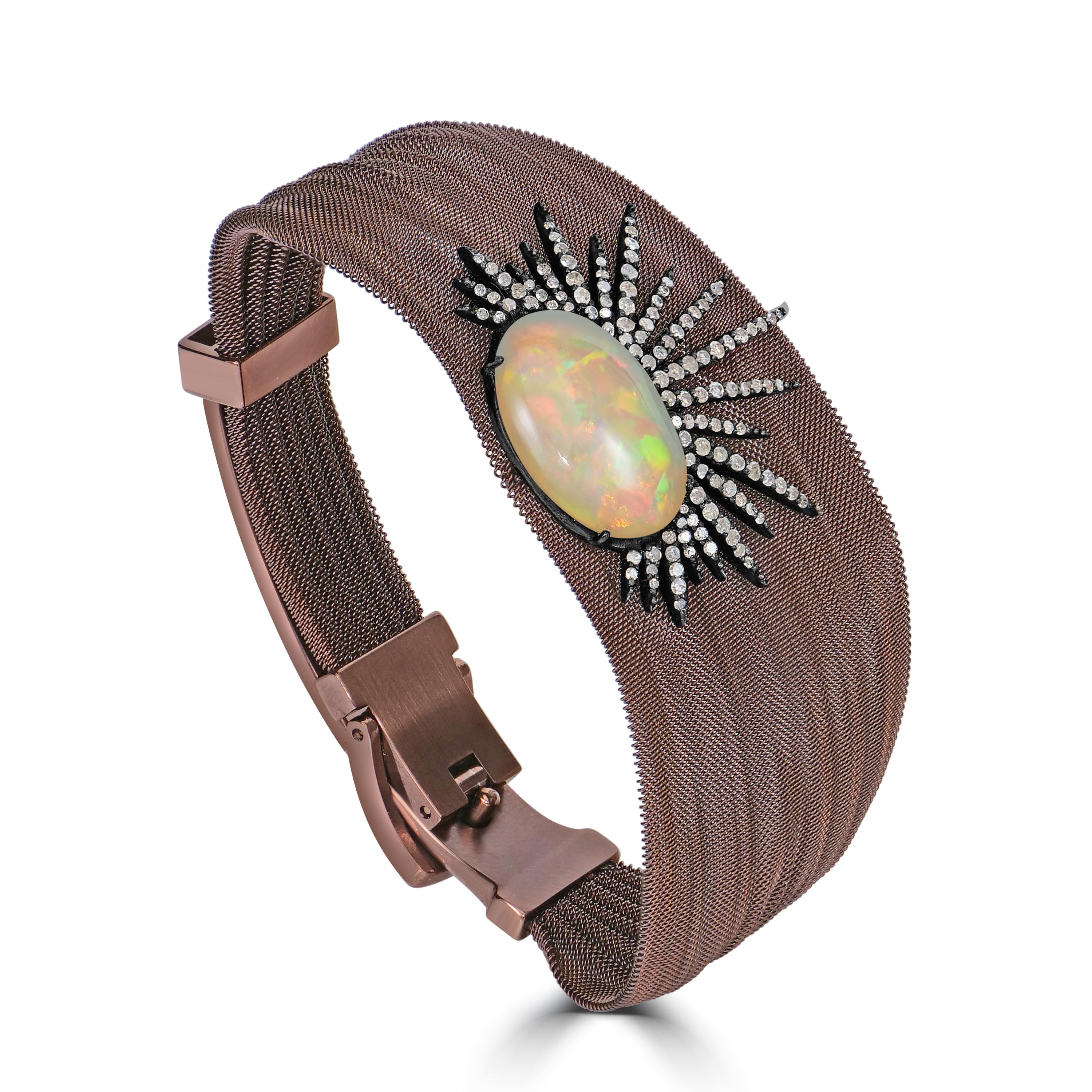 Viktorianisch 5.57 Cttw. Retro-Armband aus natürlichem äthiopischem Opal/Diamant aus 18K/SS (Ovalschliff) im Angebot