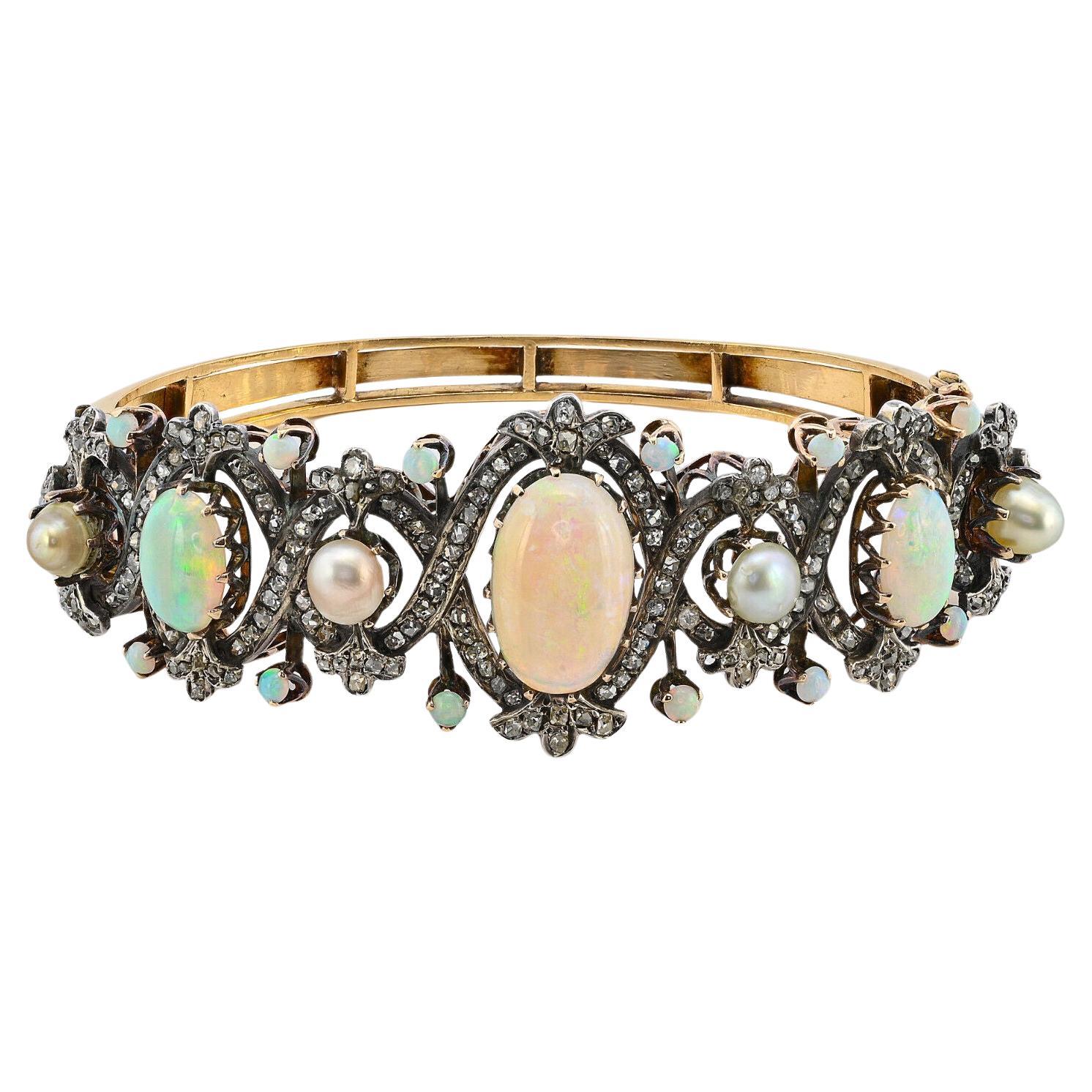 Victorian 5.58 Ct Opal Diamond Pearl 18 KT Bangle