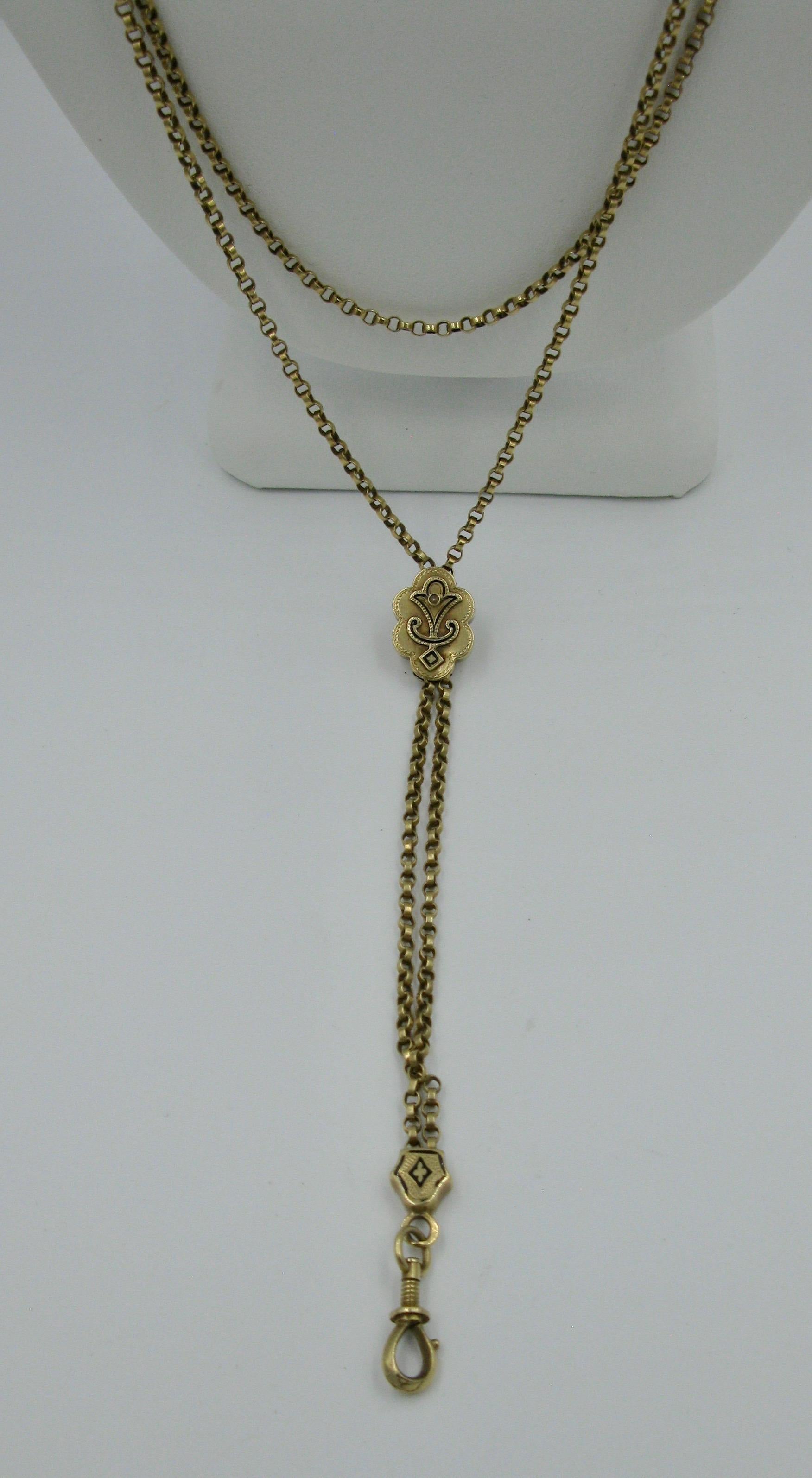 Victorian 14 Karat Gold Chain Necklace Enamel Slide Dog Clip In Good Condition For Sale In New York, NY