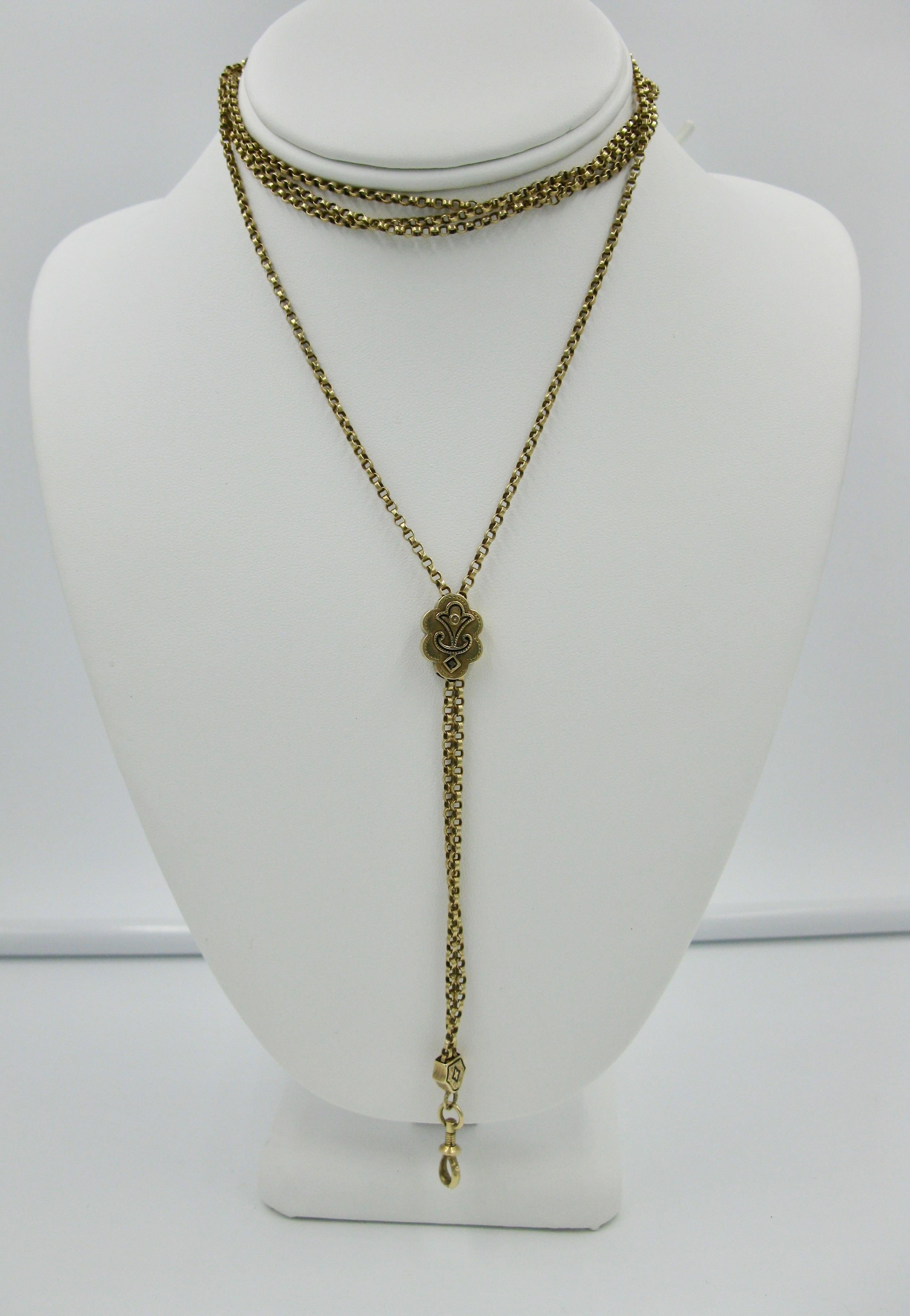 Women's Victorian 14 Karat Gold Chain Necklace Enamel Slide Dog Clip For Sale