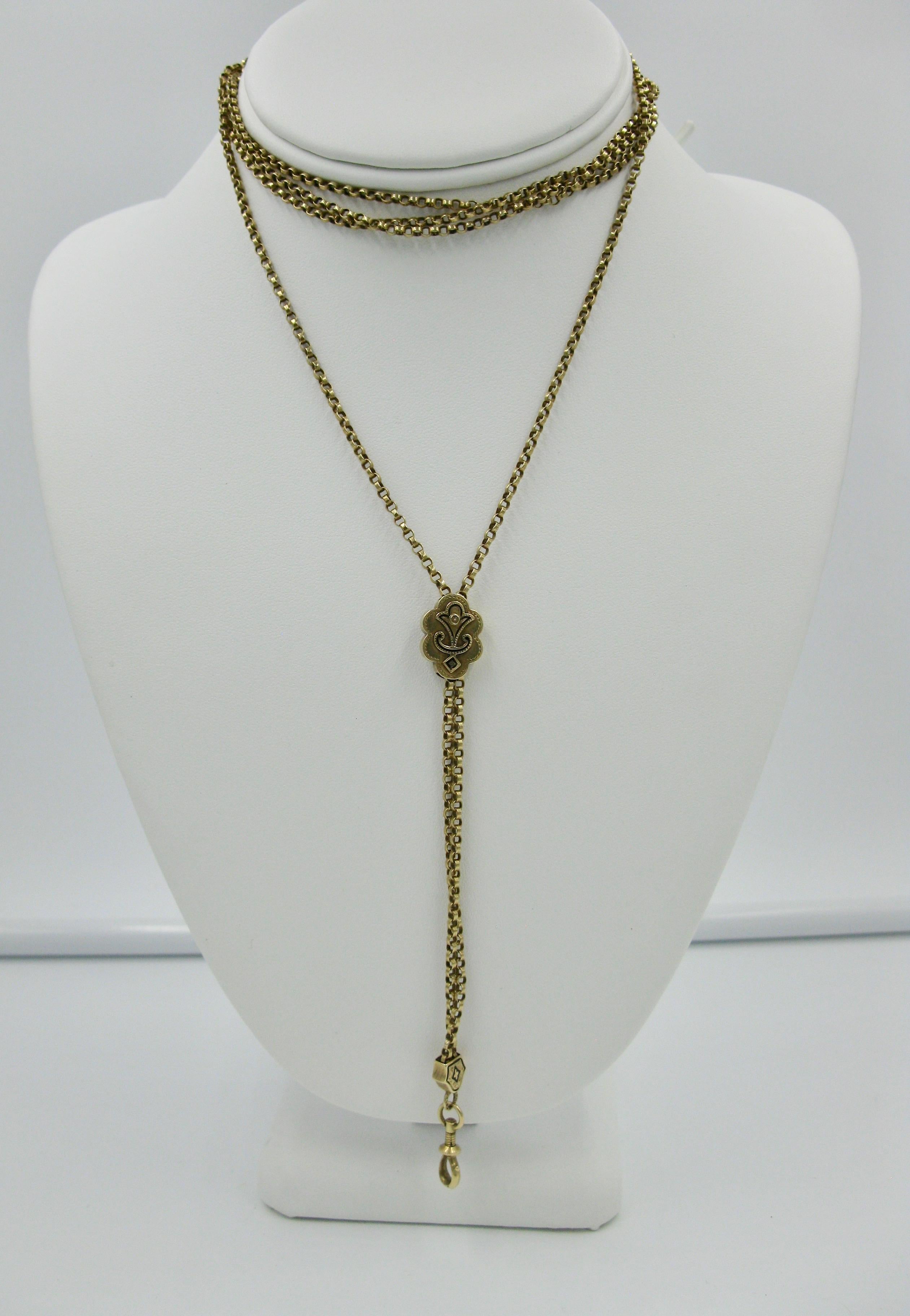Women's Victorian 14 Karat Gold Chain Necklace Enamel Slide Dog Clip