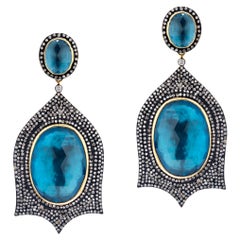 Pendants d'oreilles victoriens en 18 carats avec diamants naturels et topaze bleue de Londres 56,40 carats