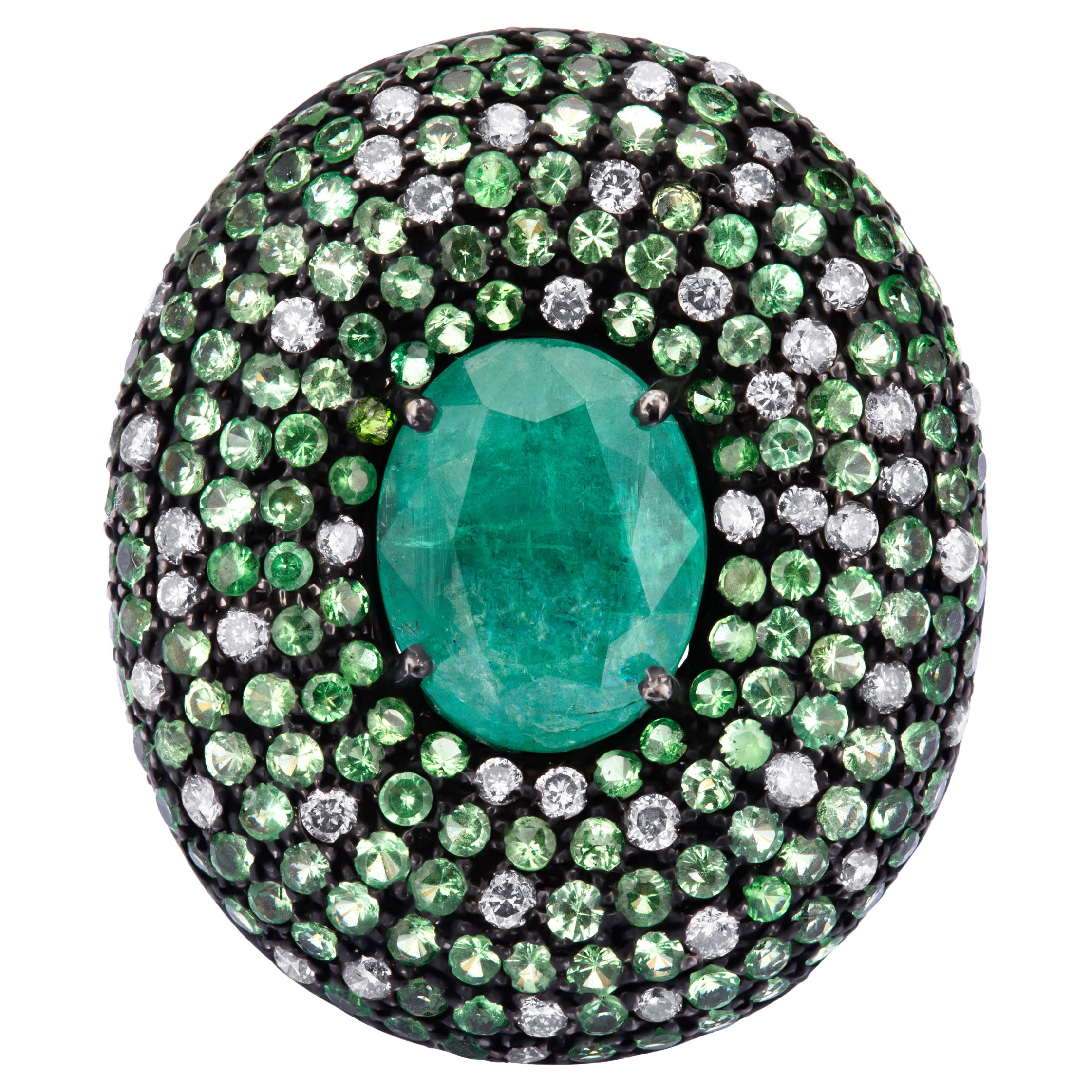 Victorian 5.7cttw Emerald, Tsavorite and Diamond Cluster Ring in 18k Gold For Sale