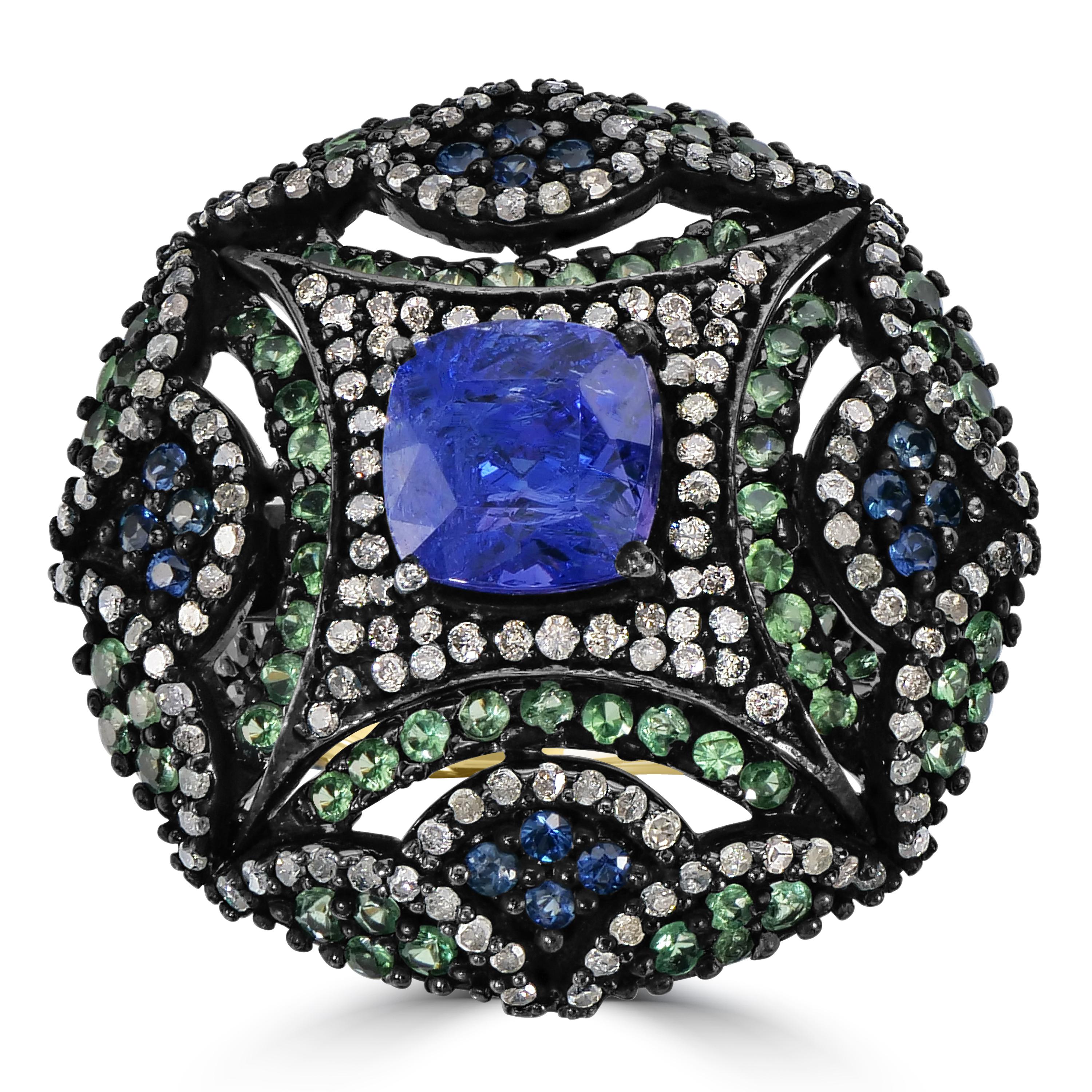 Victorian 5.72 Cttw. Tanzanite, Sapphire, Tsavorite and Diamond Cocktail ring In New Condition For Sale In New York, NY