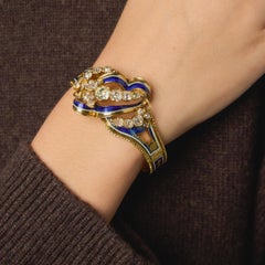 Victorian 5.80 carat old mine cut diamond blue enamel 18k yellow gold bracelet