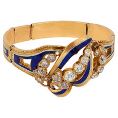 Victorian 5.80 carat old mine cut diamond blue enamel 18k yellow gold bracelet