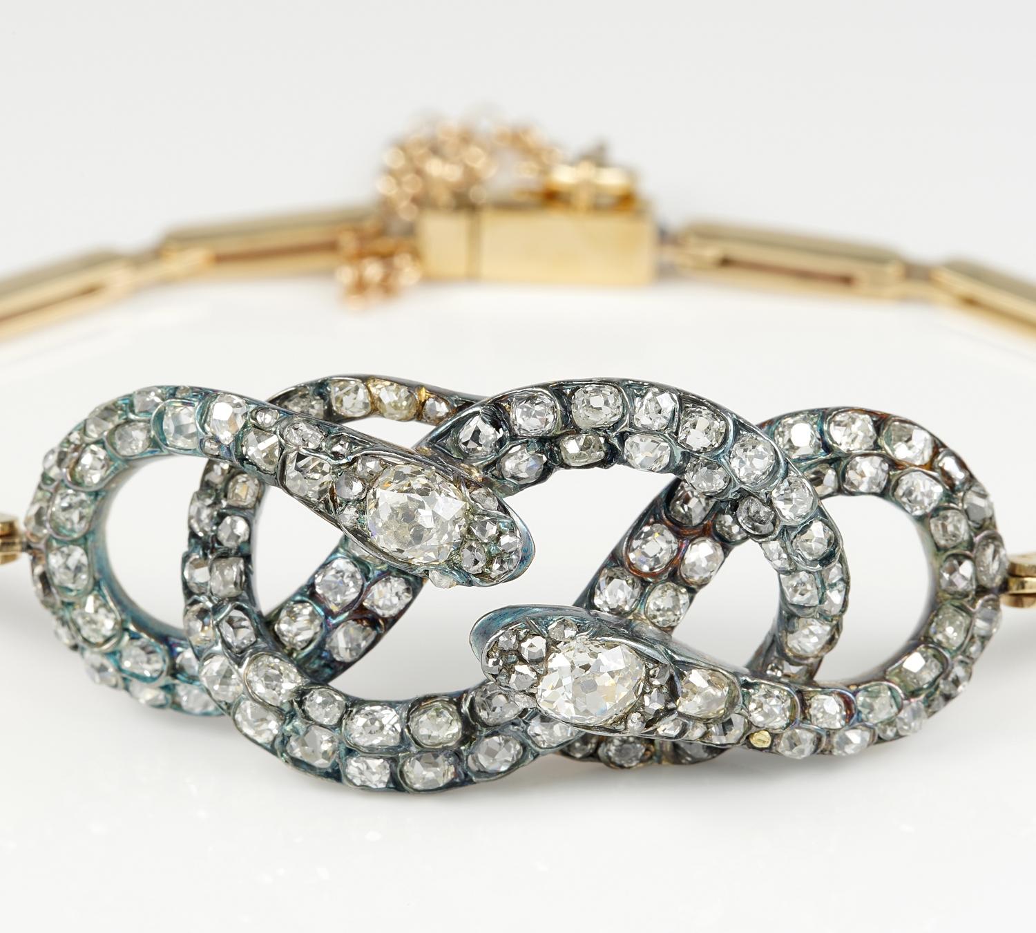 Symbolic Snakes
This extremely beautiful, rare Victorian bracelet is a joy to admire as survivor of Victorian Period jewellery
Glorious workmanship of the time, hand crafted of solid 15 Kt gold tested with silver top as used during the period
The