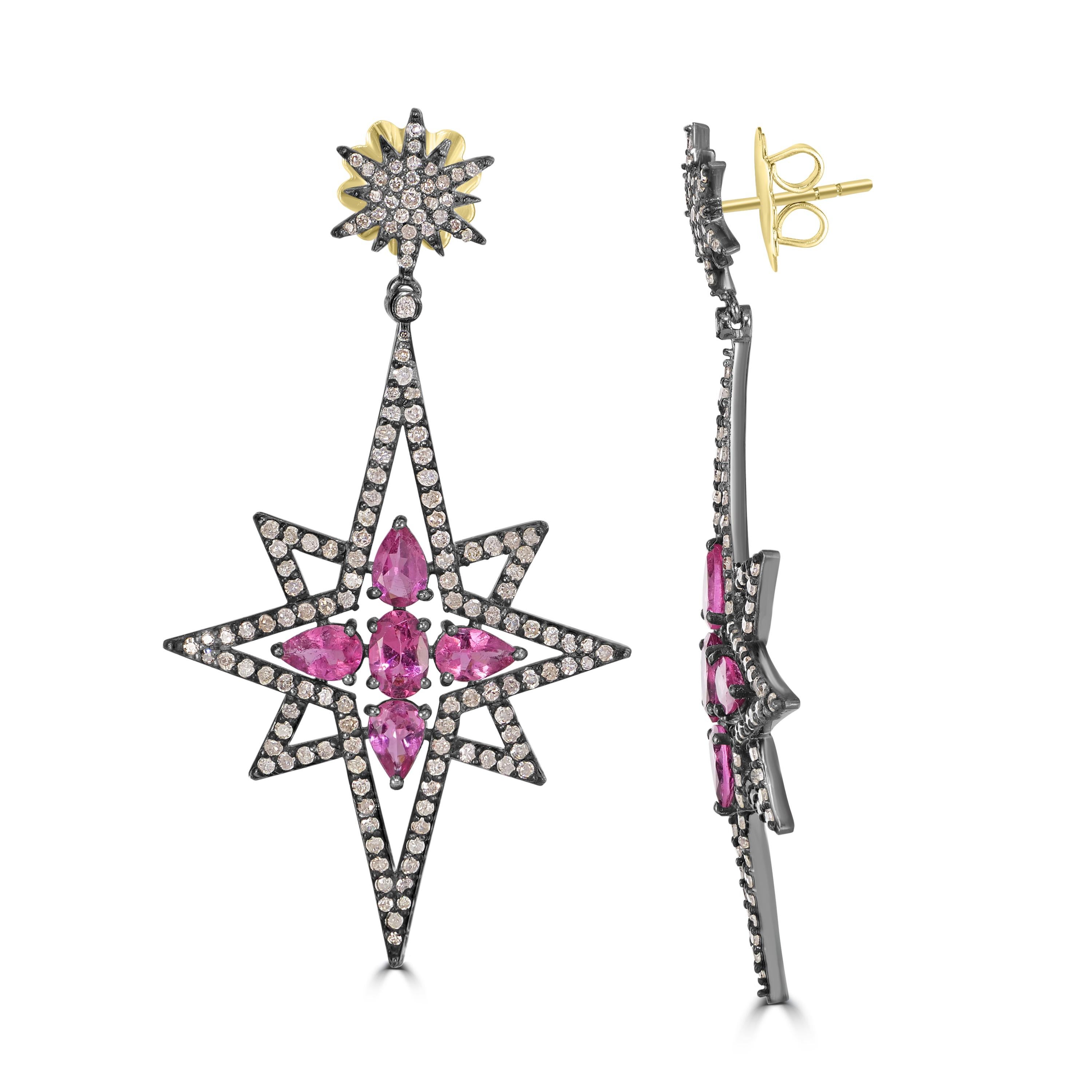 Round Cut Victorian 6.00 Cttw Natural Pink Tourmaline/Diamond Earrings In 18K/SS For Sale