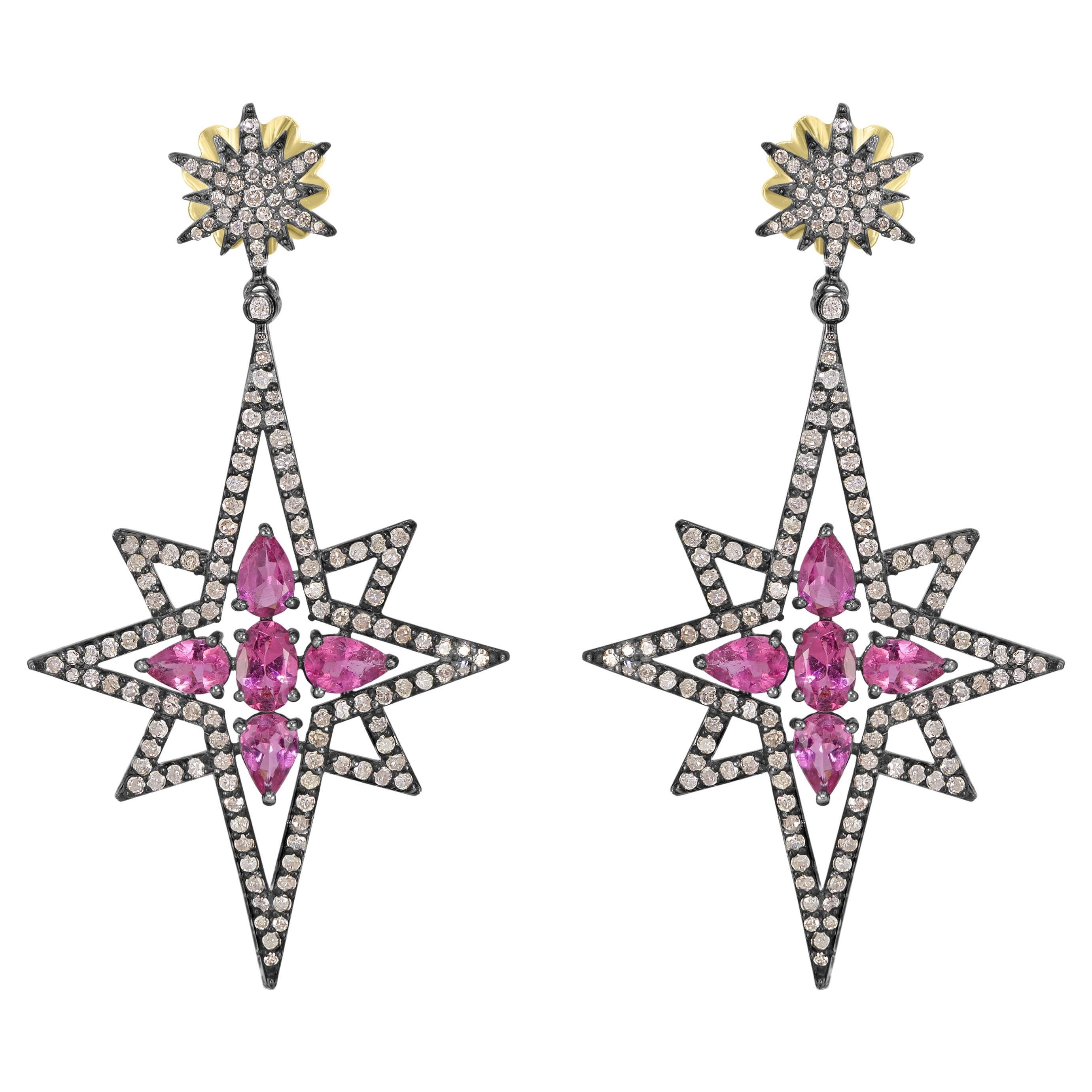 Victorian 5.87 Cttw. Tourmaline and Diamond Star Dangle Earrings 