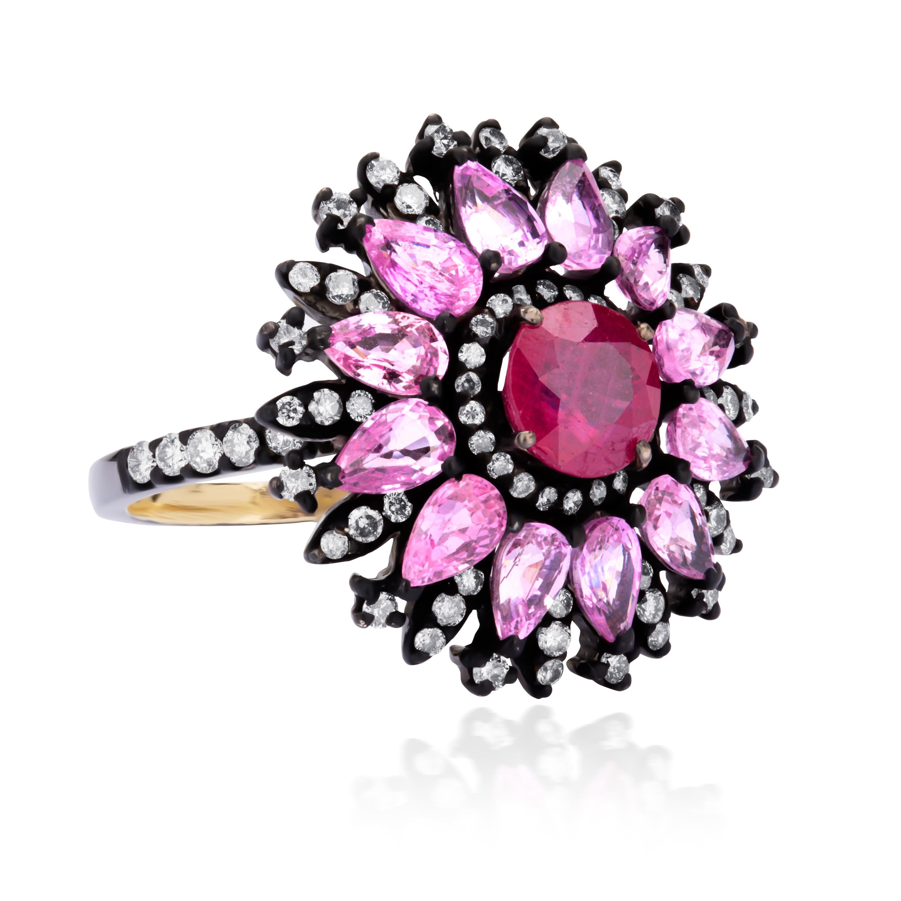 Pear Cut Victorian 5.92cttw Ruby, Pink Sapphire & Diamond Cluster Flower Ring For Sale