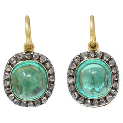 Victorian 5.94 CTW Emerald Diamond Silver 18 Karat Gold Antique Drop Earrings