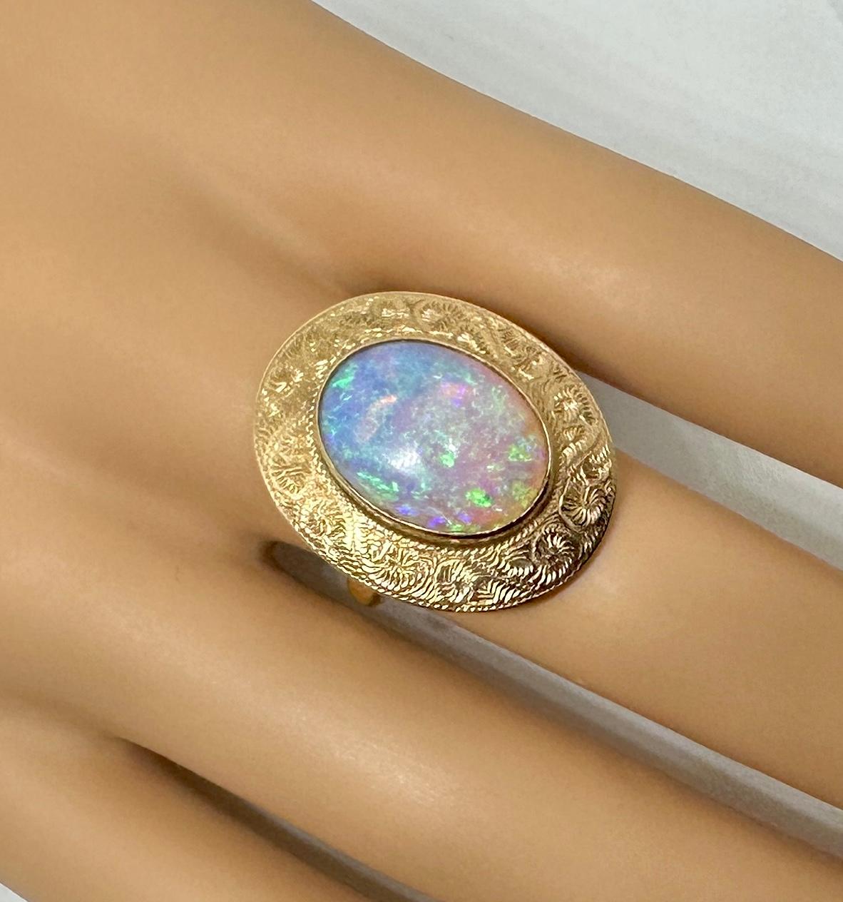 Cabochon Victorian 6 Carat Opal Ring Gold Antique Cocktail Statement Engraved Yellow Gold For Sale