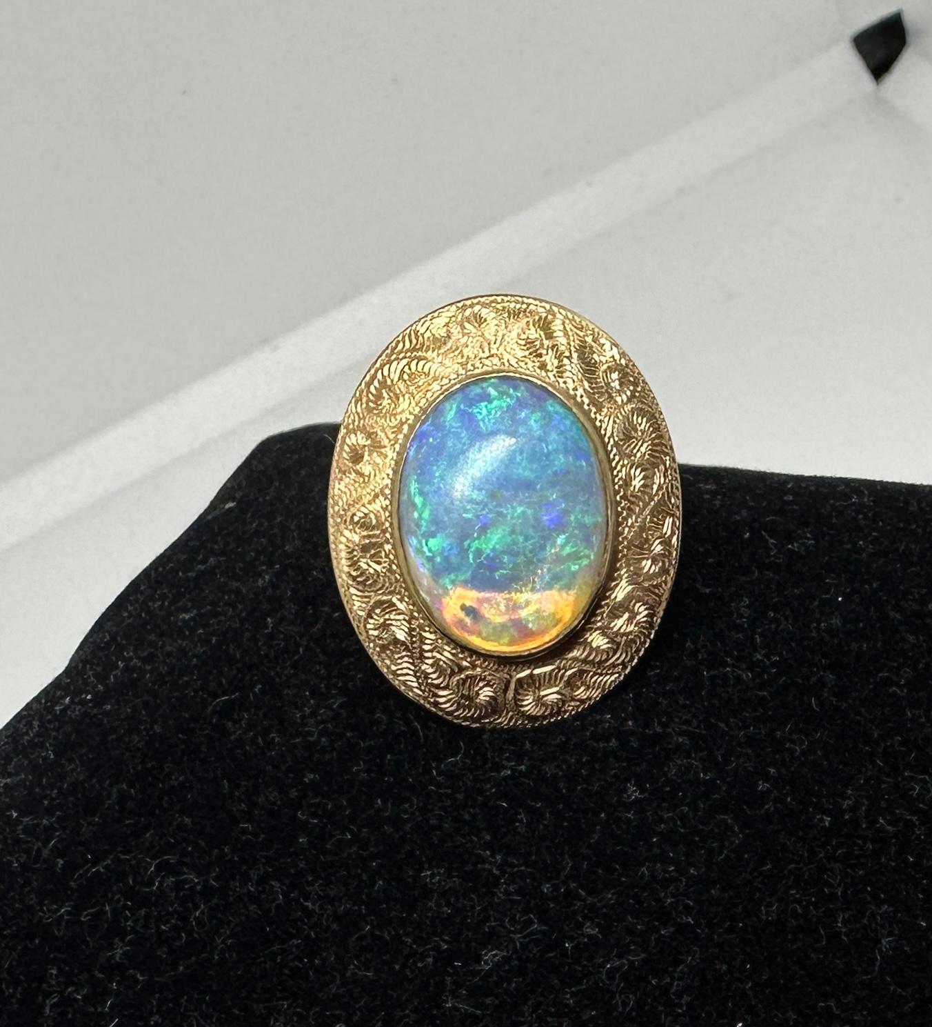 Women's or Men's Victorian 6 Carat Opal Ring Gold Antique Cocktail Statement Engraved Yellow Gold For Sale