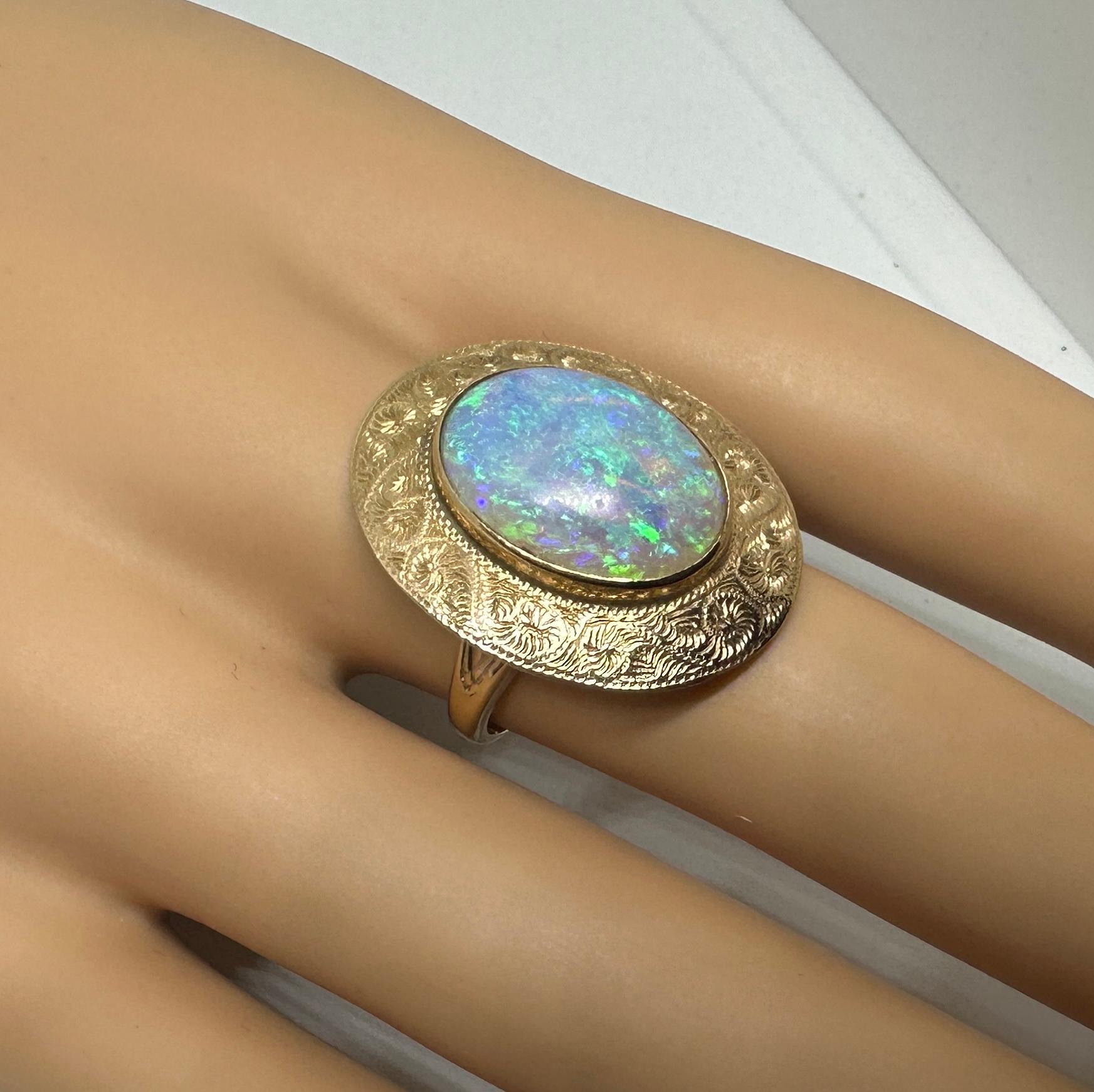 Victorian 6 Carat Opal Ring Gold Antique Cocktail Statement Engraved Yellow Gold For Sale 1
