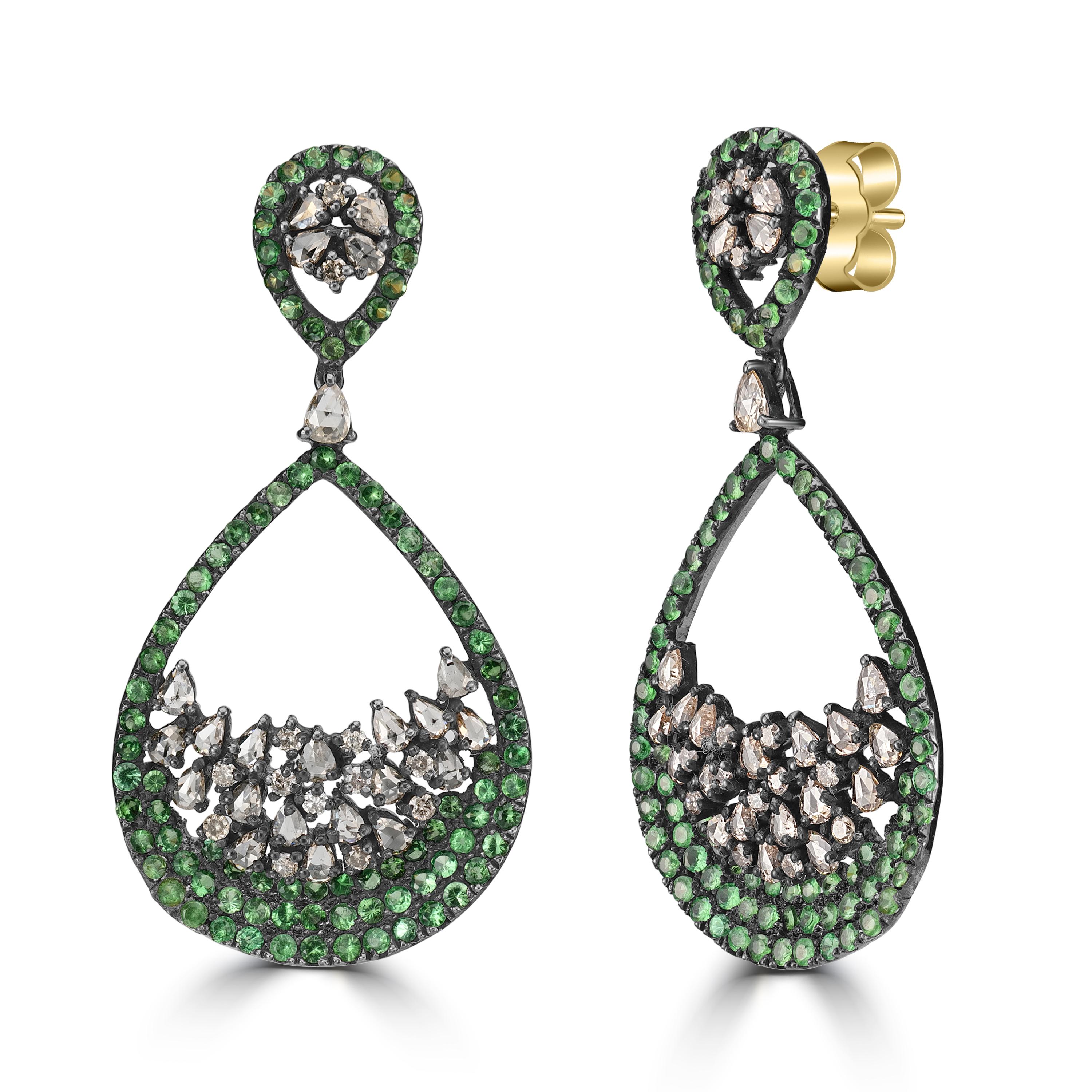 Introducing the Victorian 6 Cttw. Tsavorite and Diamond Tear Drop Earrings, an exquisite pair of earrings that seamlessly blends vintage charm with modern sophistication. These earrings are crafted to perfection, featuring a striking combination of
