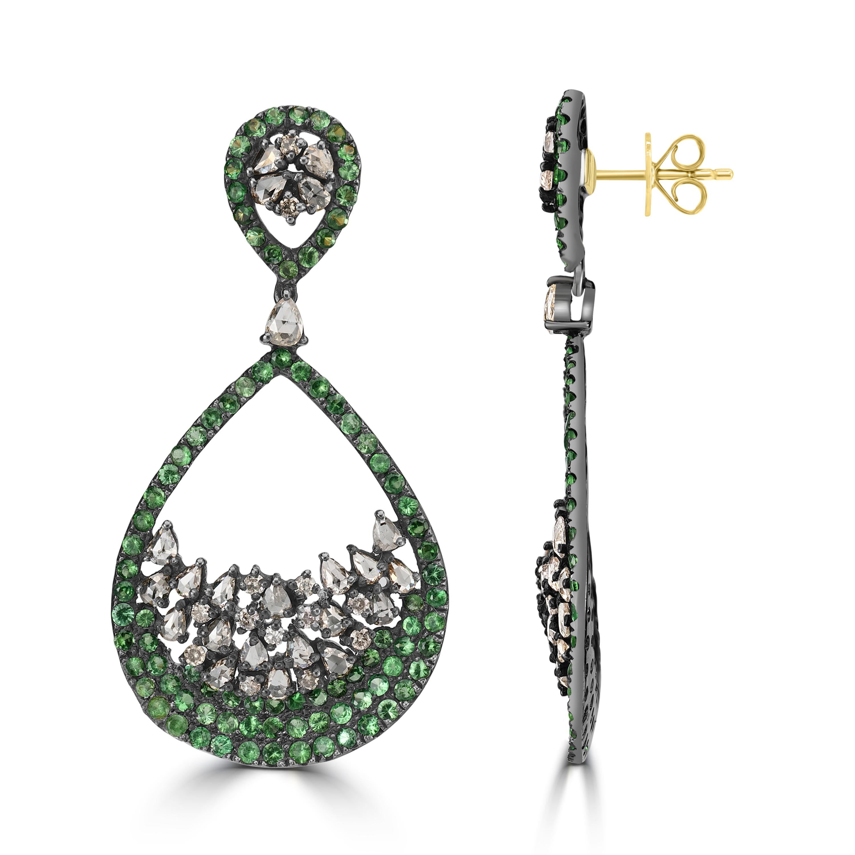 Round Cut Victorian 6 Cttw. Tsavorite and Diamond In Tear Drop Earrings in 18k/925 For Sale