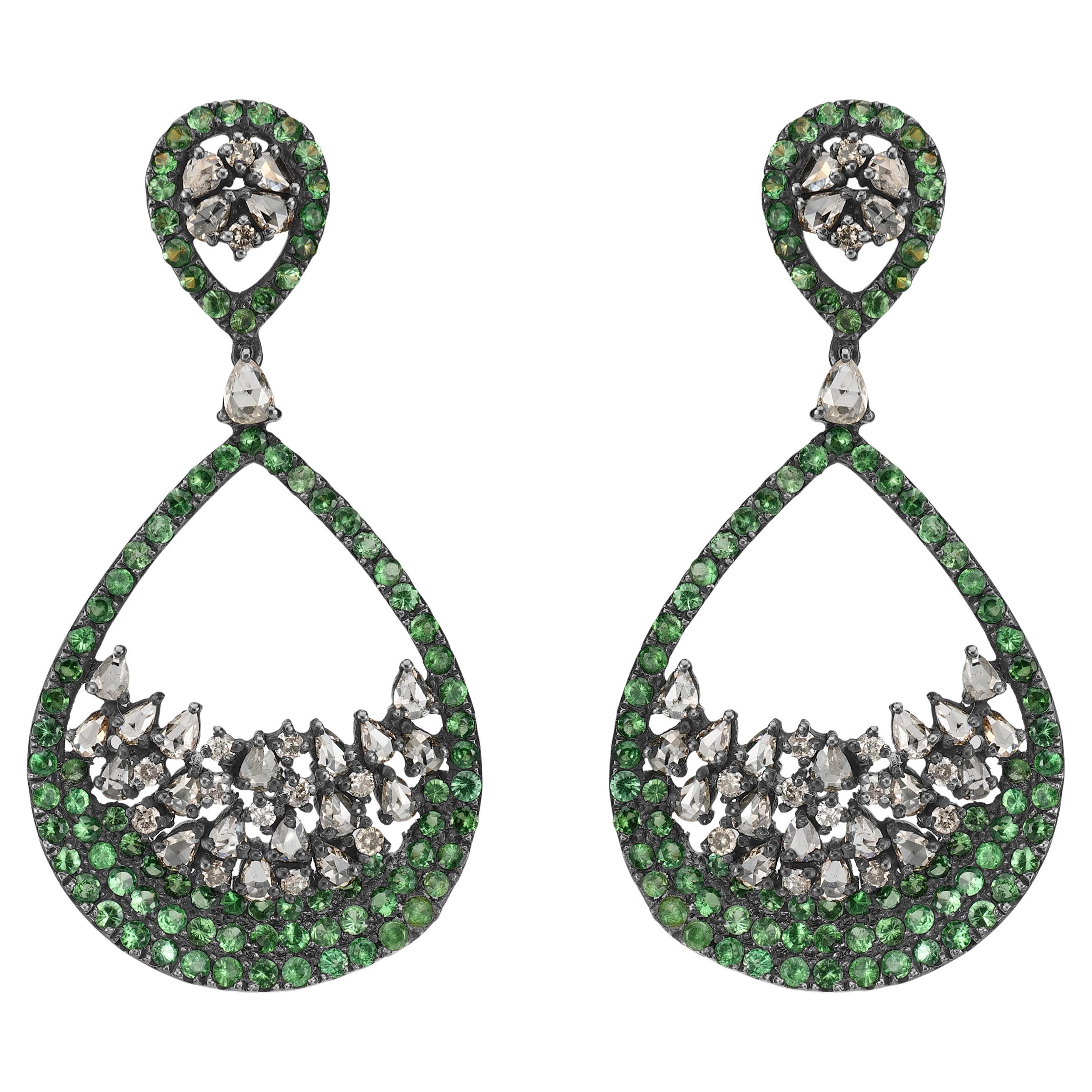 Victorian 6 Cttw. Tsavorite and Diamond In Tear Drop Earrings in 18k/925 For Sale