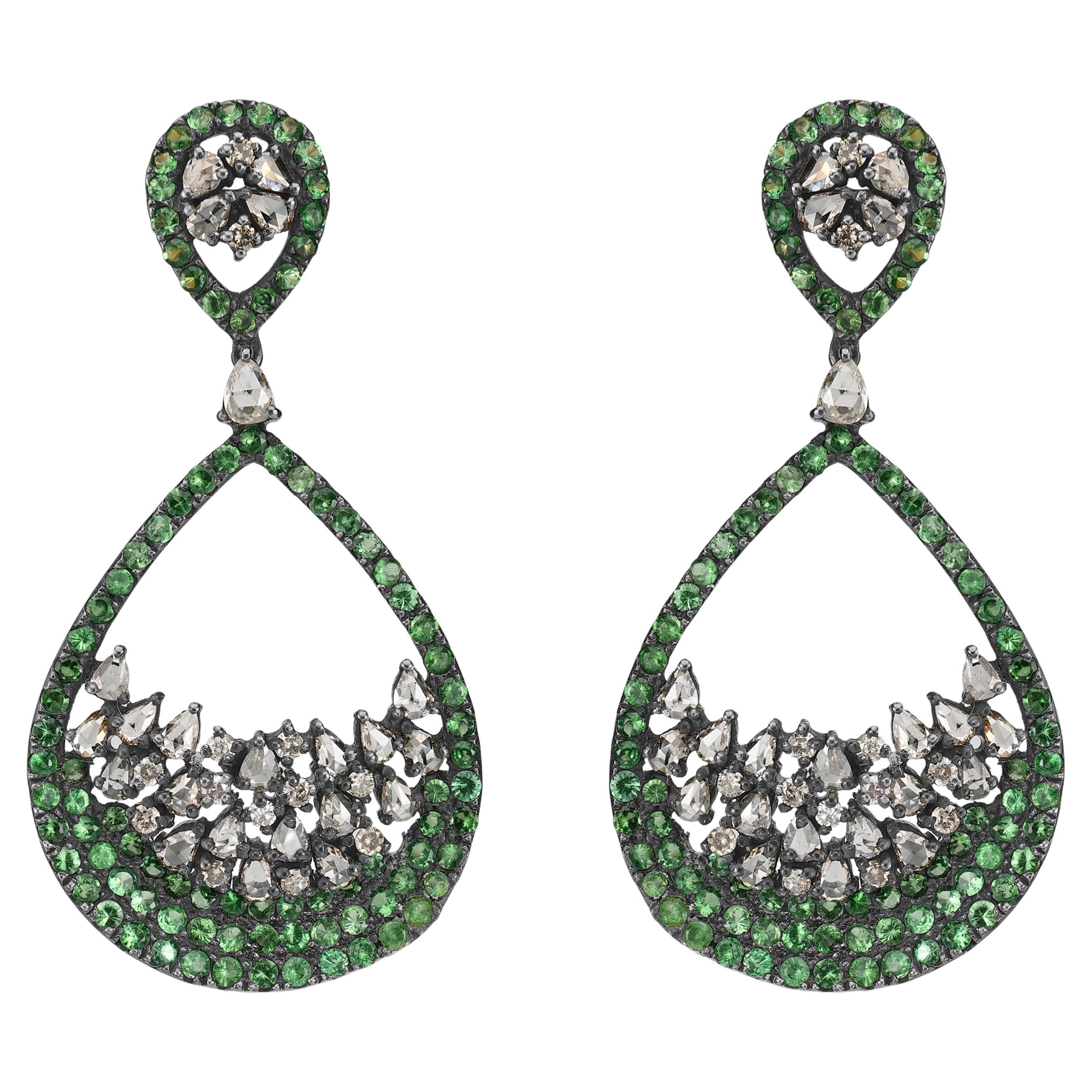 Victorian 6 Cttw. Tsavorite and Diamond In Tear Drop Earrings in 18k/925