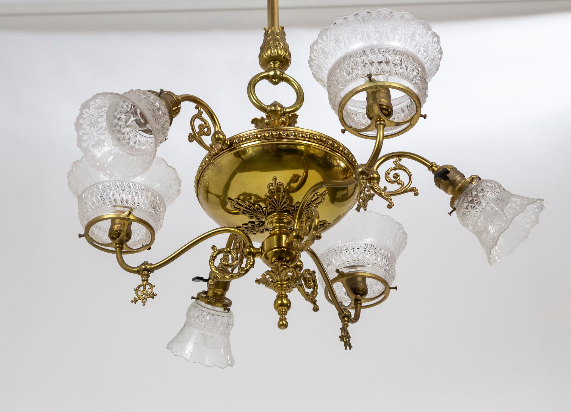 Victorian 6-Light Brass Chandelier w/ Etched Glass Shades 'Gas & Electric Style' 2