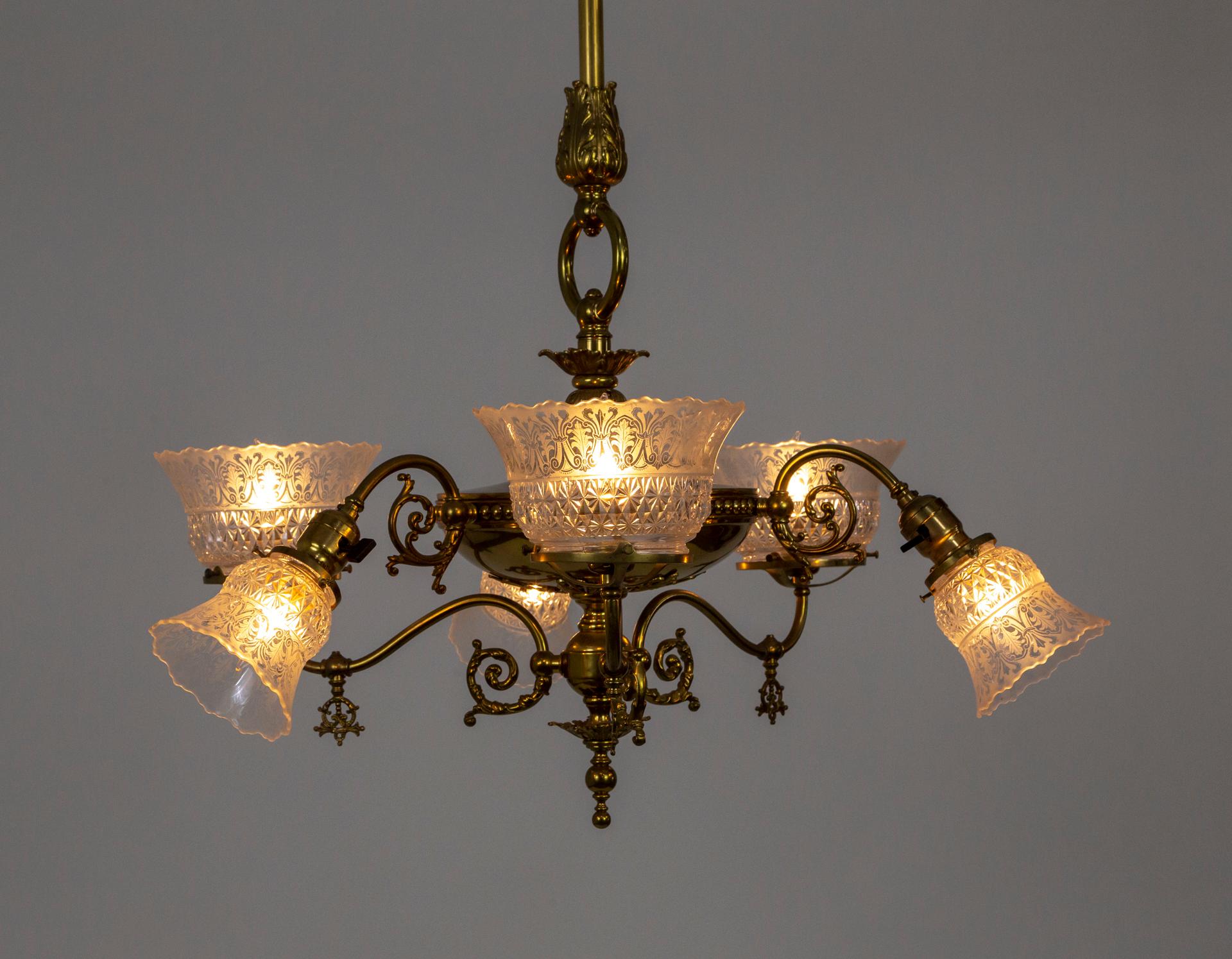 Victorian 6-Light Brass Chandelier w/ Etched Glass Shades 'Gas & Electric Style' 3