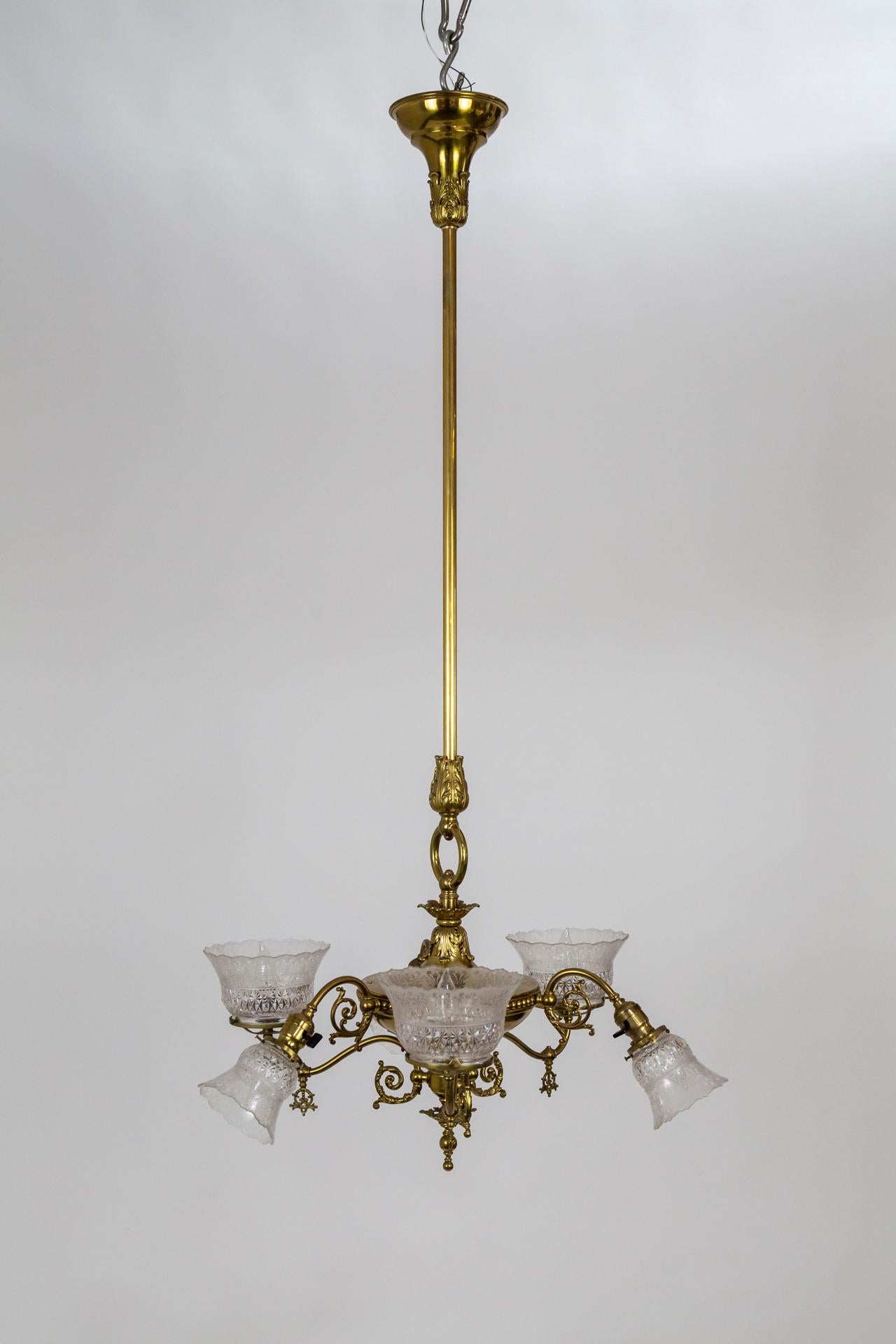 Victorian 6-Light Brass Chandelier w/ Etched Glass Shades 'Gas & Electric Style' 4