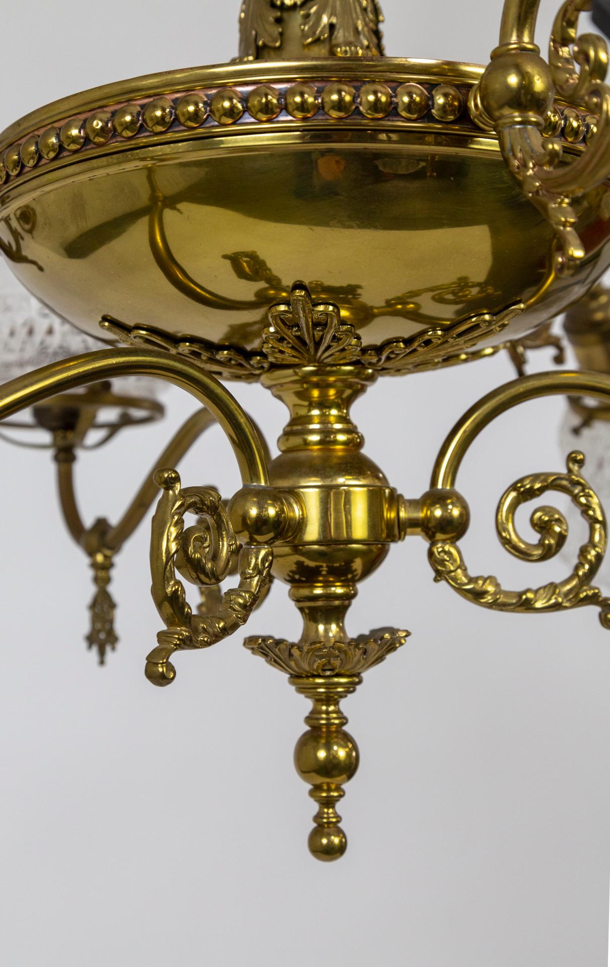 Late Victorian Victorian 6-Light Brass Chandelier w/ Etched Glass Shades 'Gas & Electric Style'