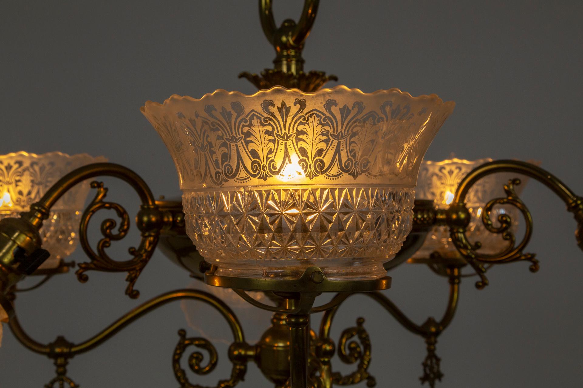 Victorian 6-Light Brass Chandelier w/ Etched Glass Shades 'Gas & Electric Style' In Good Condition In San Francisco, CA