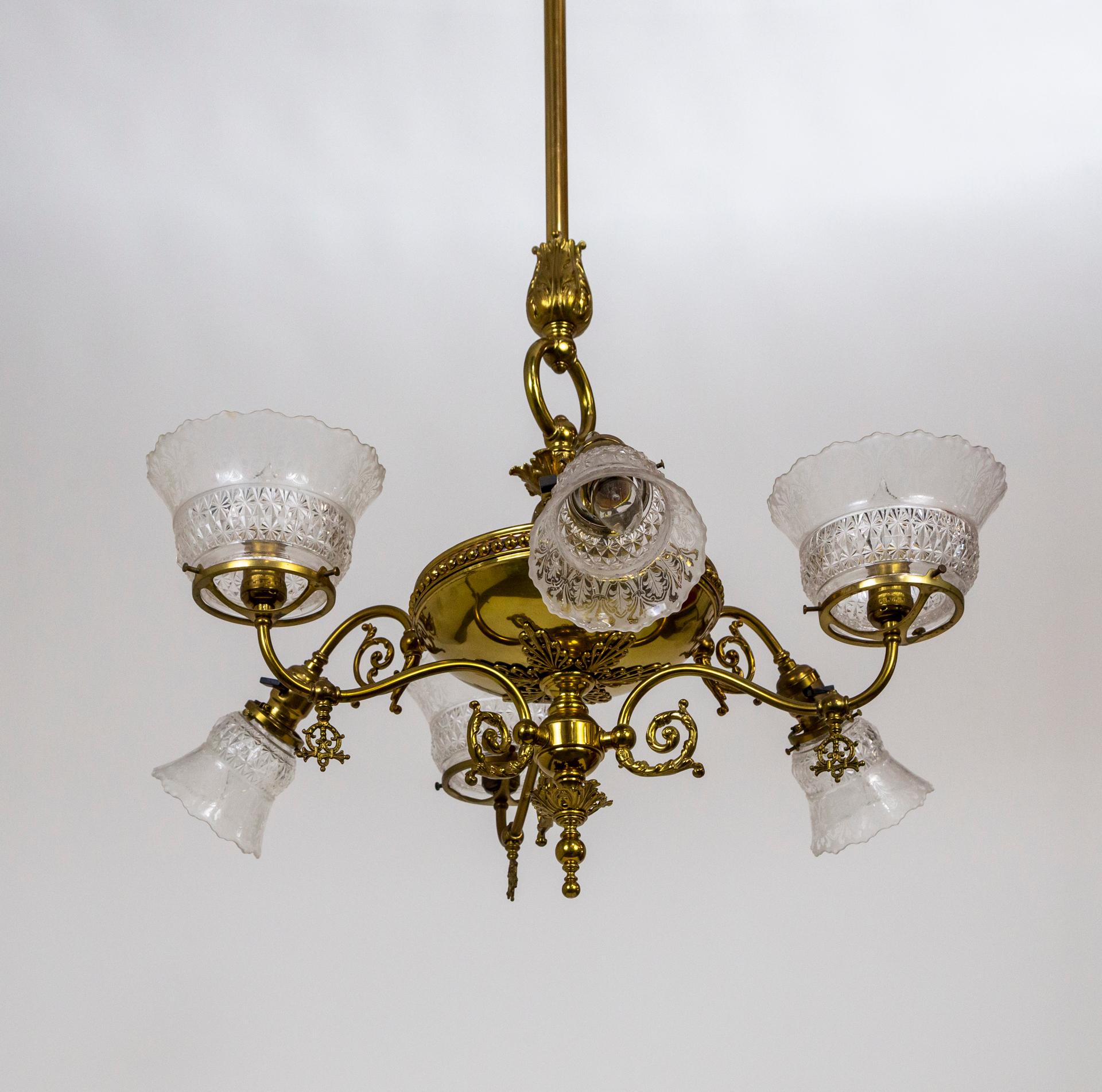 19th Century Victorian 6-Light Brass Chandelier w/ Etched Glass Shades 'Gas & Electric Style'