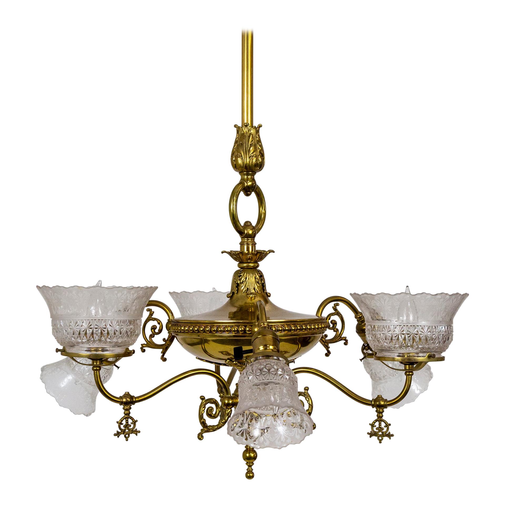 Victorian 6-Light Brass Chandelier w/ Etched Glass Shades 'Gas & Electric Style'