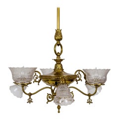 Antique Victorian 6-Light Brass Chandelier w/ Etched Glass Shades 'Gas & Electric Style'