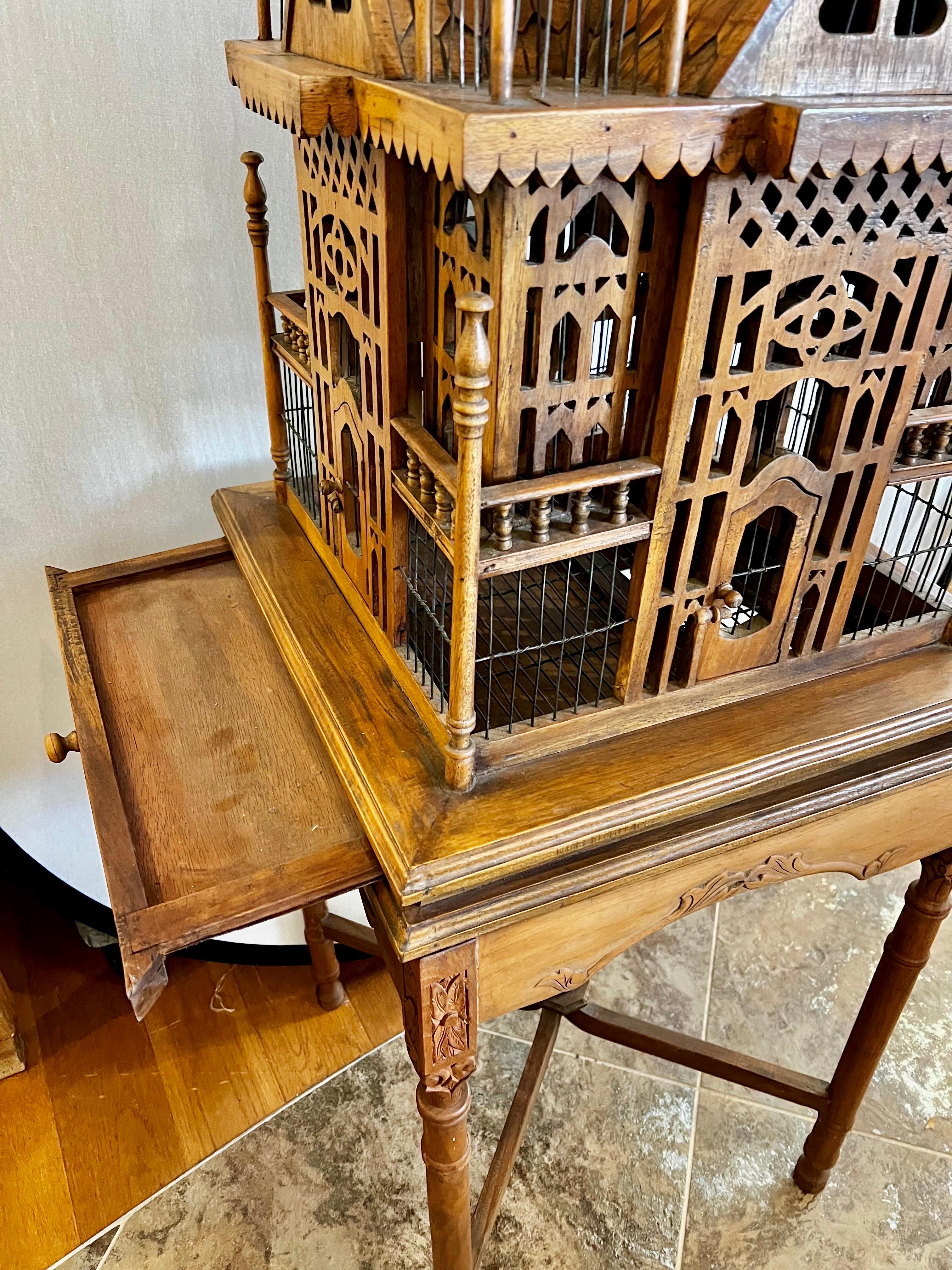 Victorian 6' Tall Hand Carved Mahogany Birdcage on Stand In Good Condition For Sale In West Hartford, CT