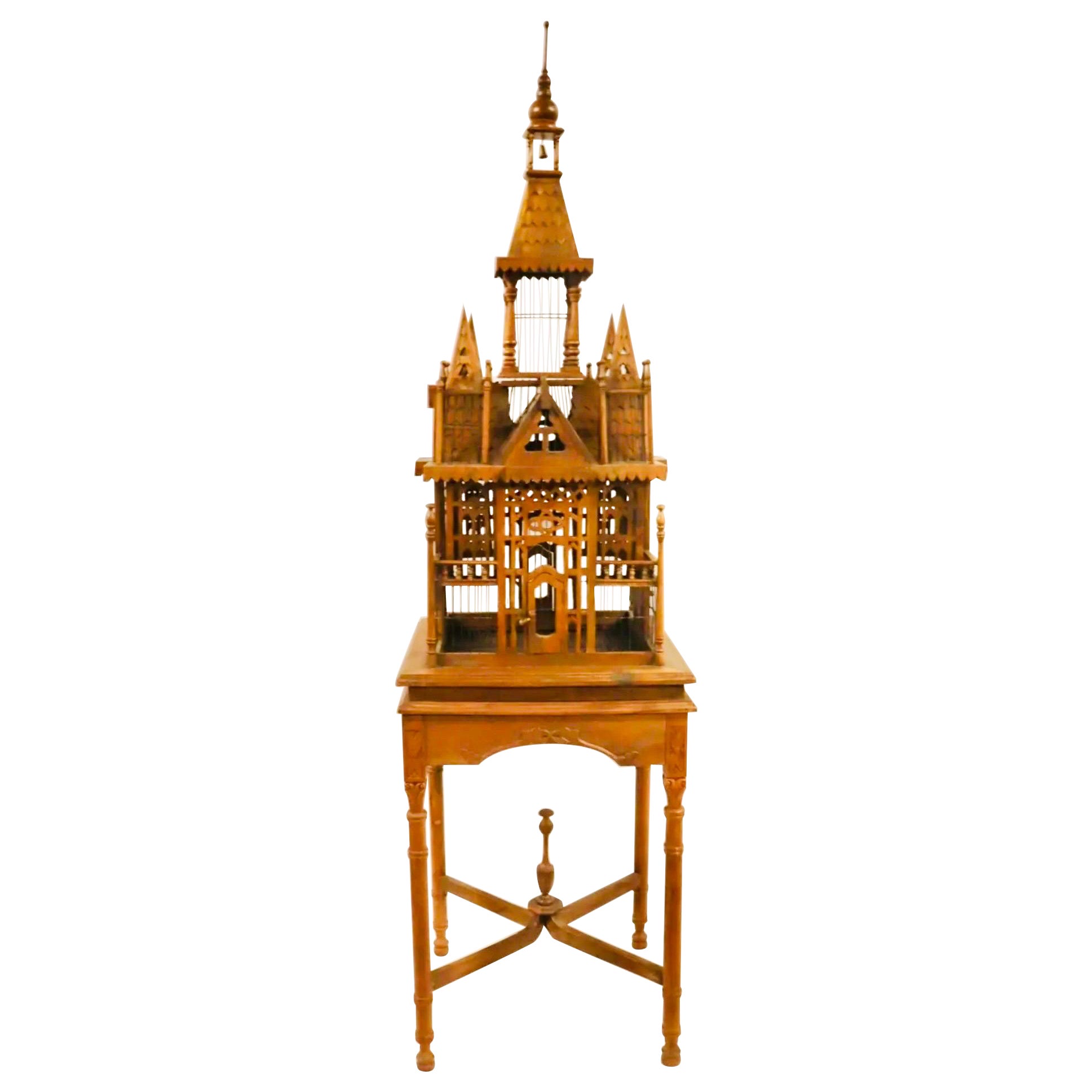 Victorian 6' Tall Hand Carved Mahogany Birdcage on Stand
