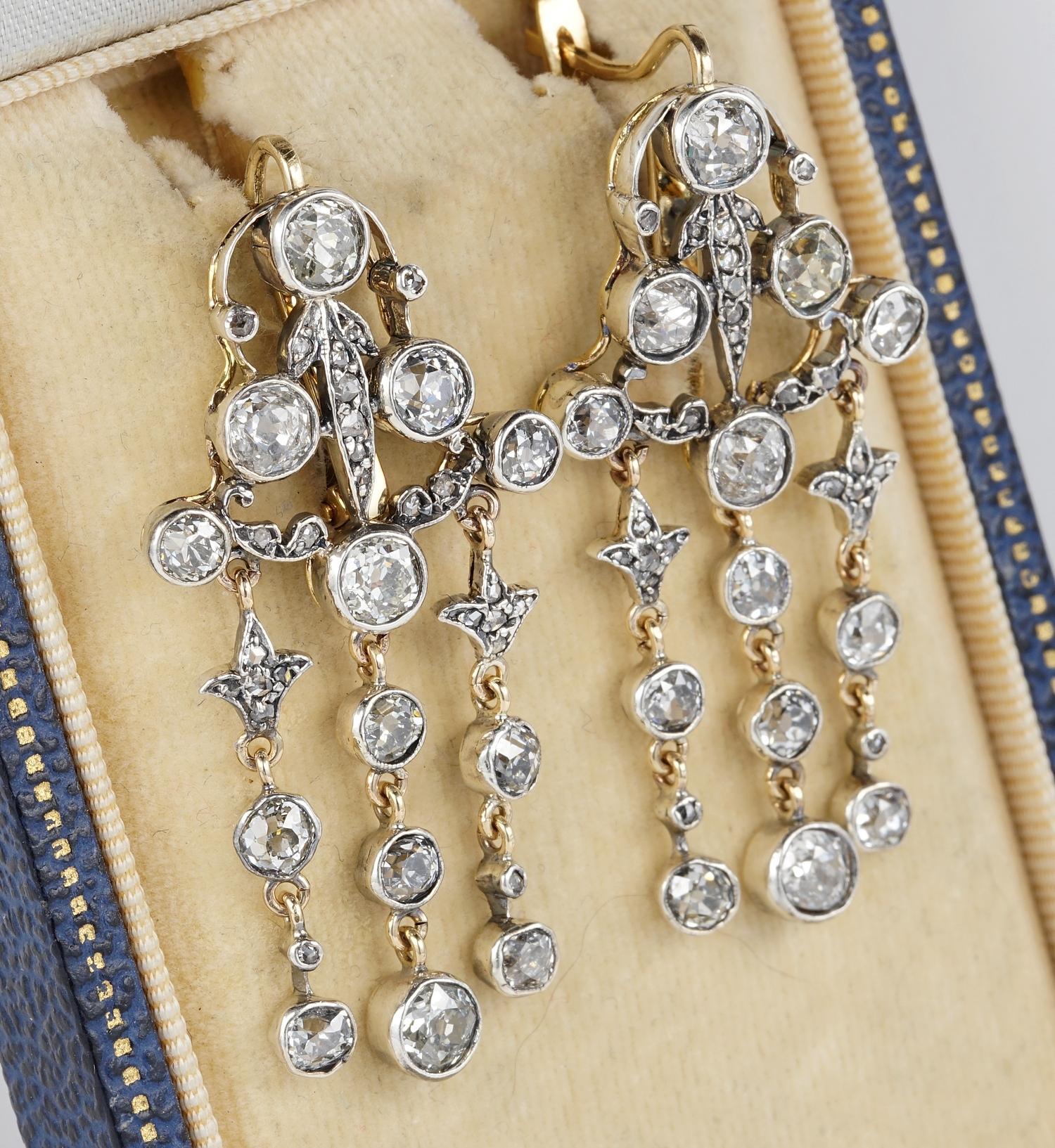 
Exceptional pair of Authentic Victorian Diamond chandelier earrings. We prize to have the most beautiful antique earrings in our collection and are proud to add this other pair which is to leave speechless. So rare and special, a reward to any