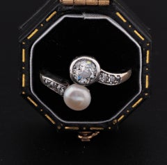 Victorian .60 Ct Diamond 6mm. Natural Pearl Crossover ring