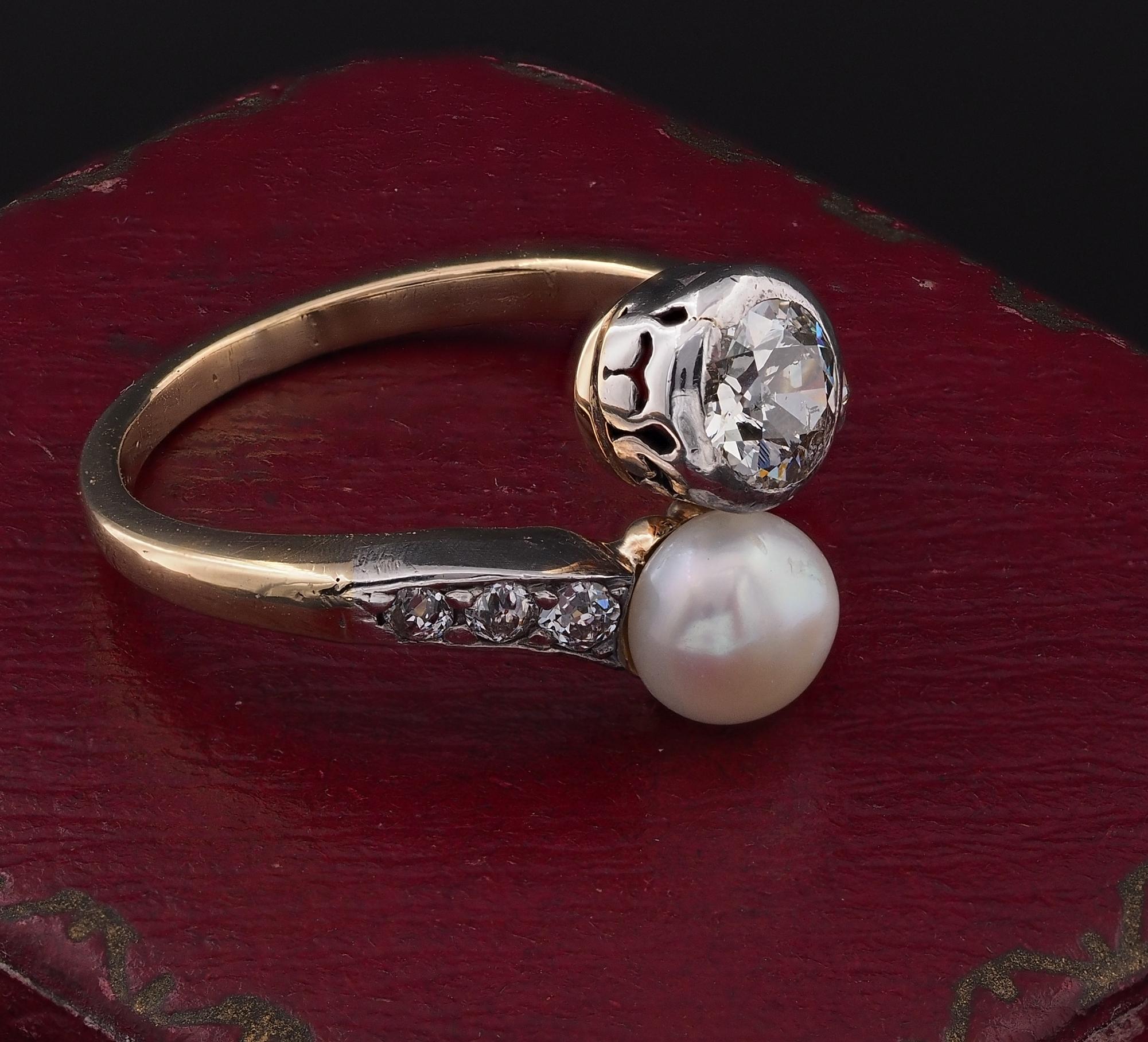 Old European Cut Victorian .60 Ct Diamond 6mm. Natural Pearl Crossover ring For Sale